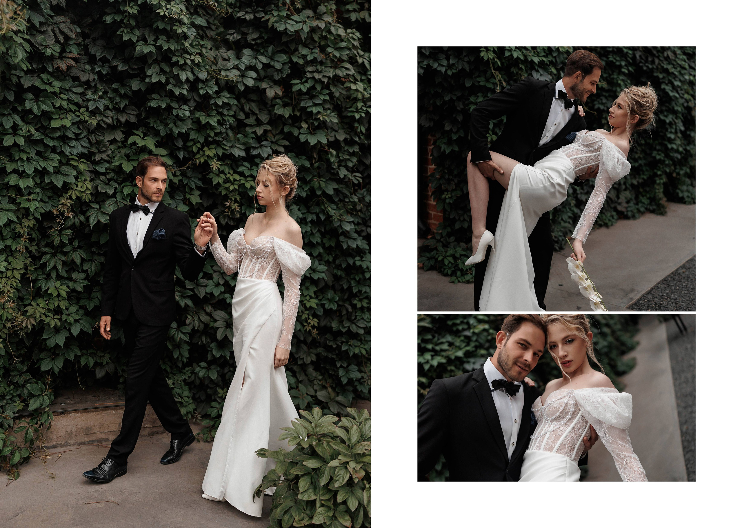 Коллаж из фотографий танца жениха и невесты в саду