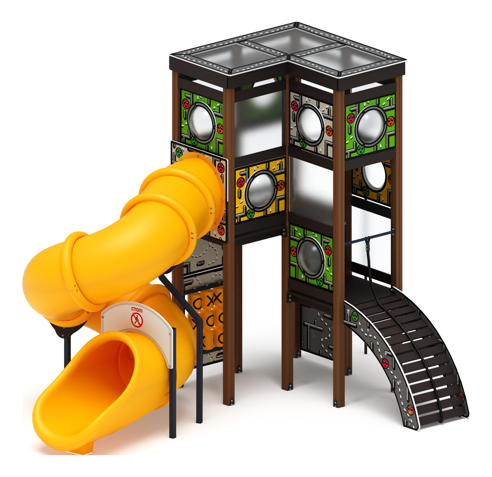 Куб (Зеленое эхо) горка Н 2000 - ДИК 2.23.01-01                                                                                                                                         Габариты (ШхДхВ): 5480х3860х4030                                                                                                                                                                                      Зона безопасности, мм: 9180х6860                                                                                                                                                                          Скат горки: H=2000 (тоннельный винтовой скат)                                                                                                                               Возрастные ограничения от 5 до 12 лет