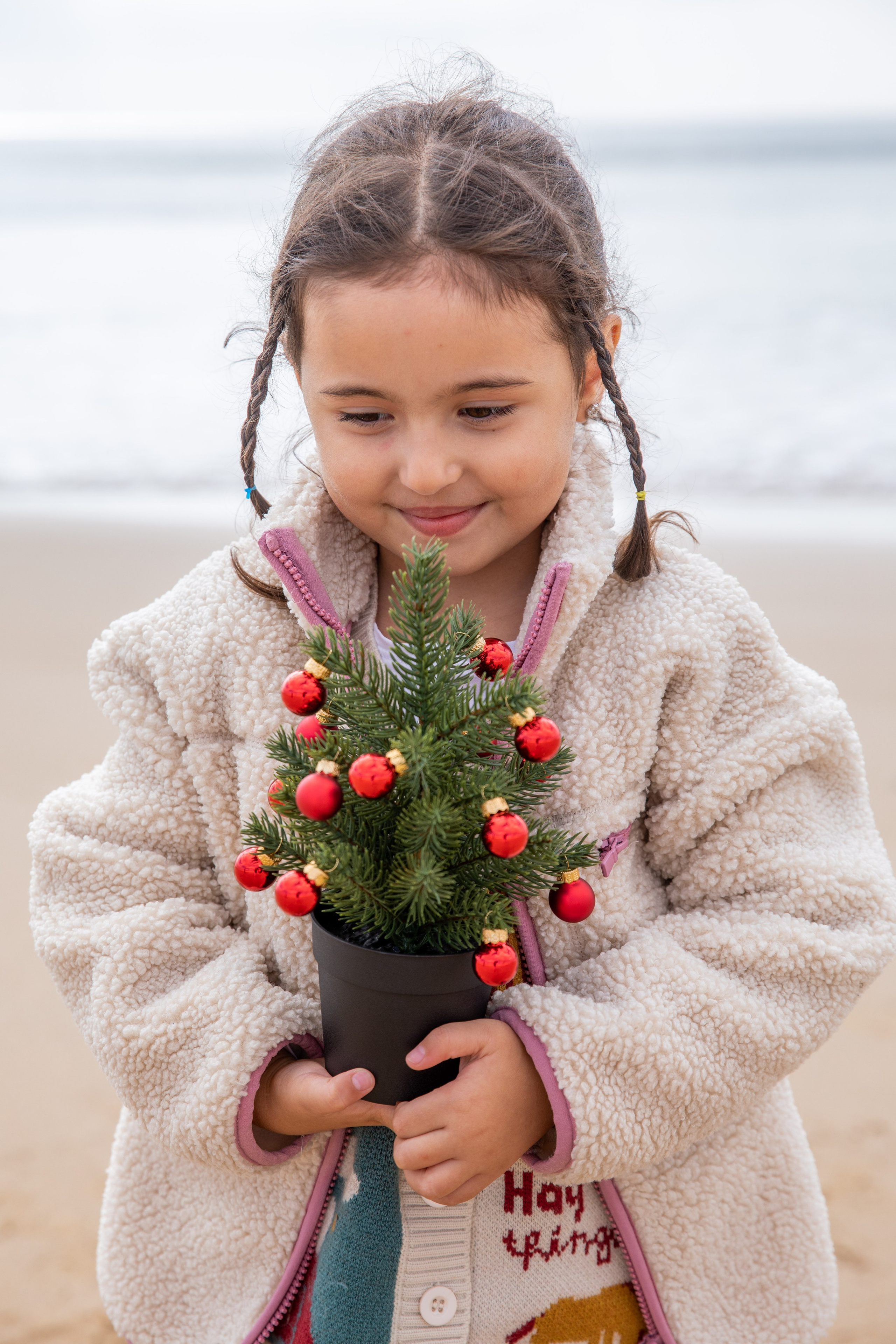 The little girl standing on the shore, gently holding a small tree with colourful decorations
