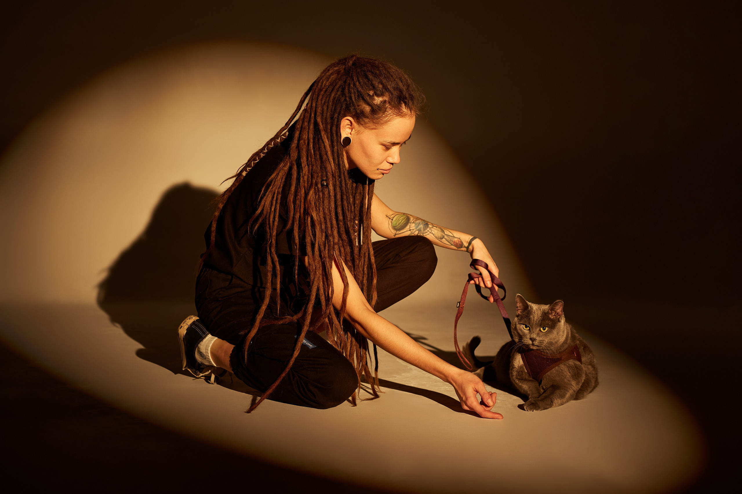 Девушка с дредами и серой кошкой на руках – студийный портрет, профессиональная фотосессия в Пензе.