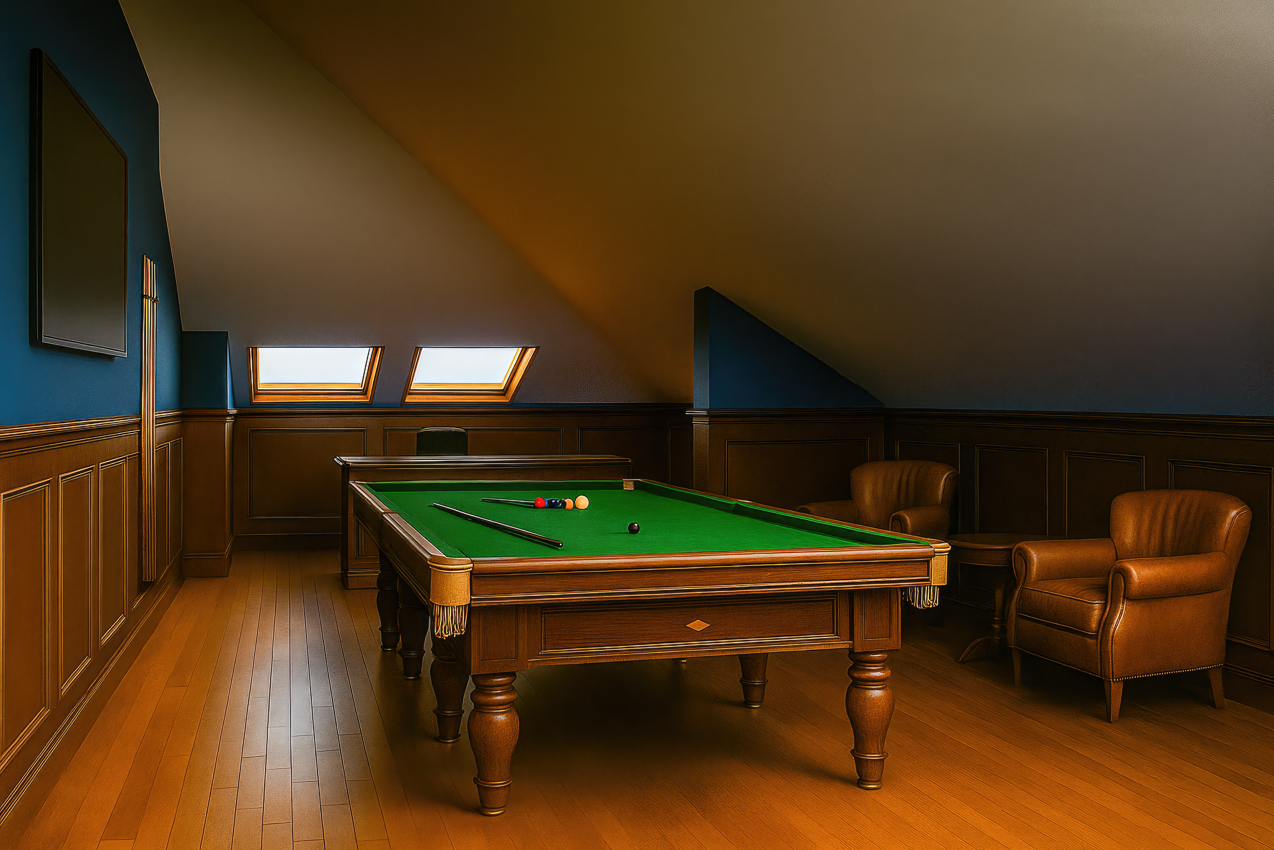 Фотореалистичный 3D-рендер игровой зоны с мягкими креслами и бильярдным столом