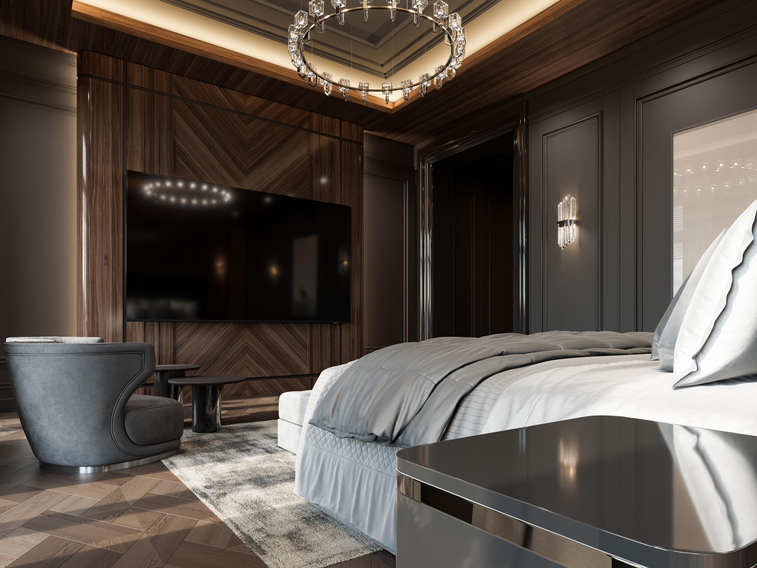 Кровать с текстильным изголовьем темного цвета в мужской спальне классического стиля