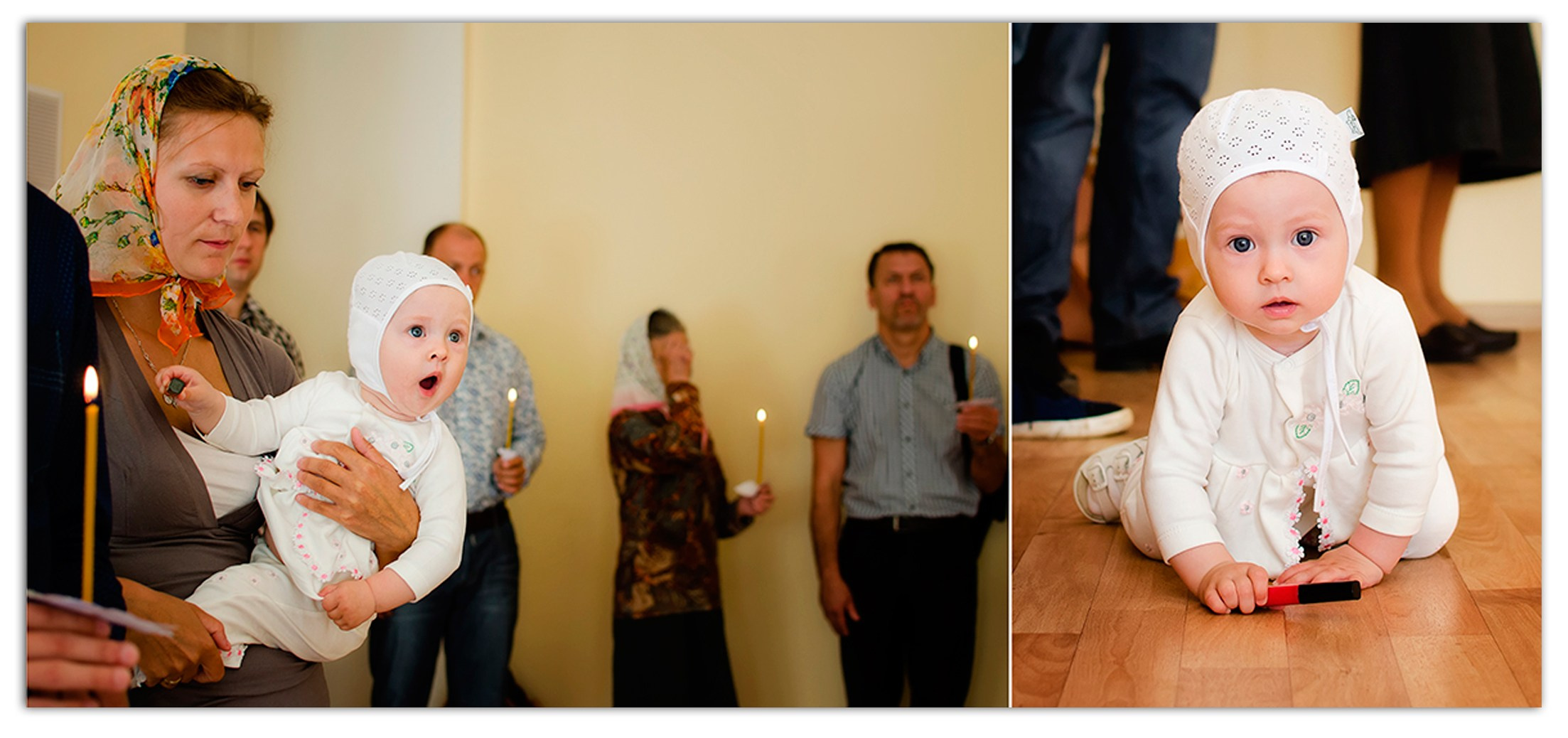 Фотосъемка крещения - торжественный обряд, священник и младенец в руках.