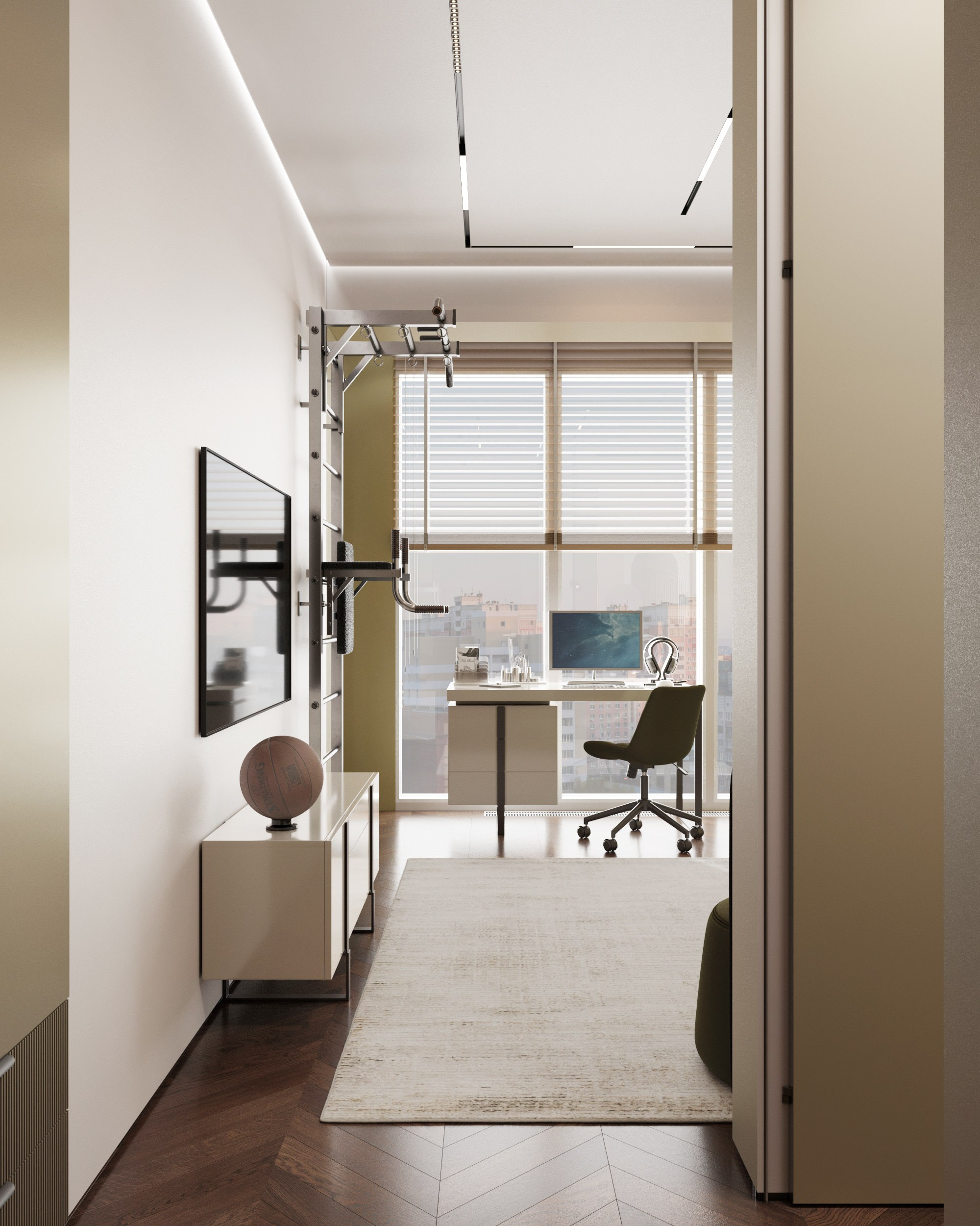 Вид на детскую комнату вдоль: спортивная стенка слева, ковёр, рабочее место у окна в ЖК Скай