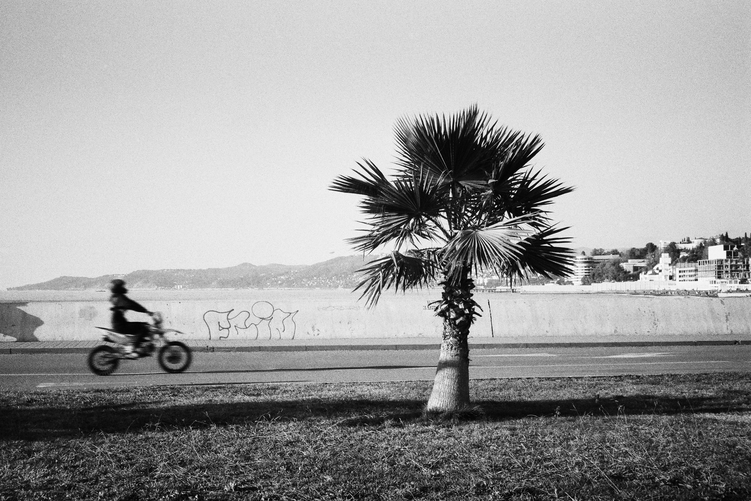 Черно-белый городской пейзаж, мотоциклист в движении.