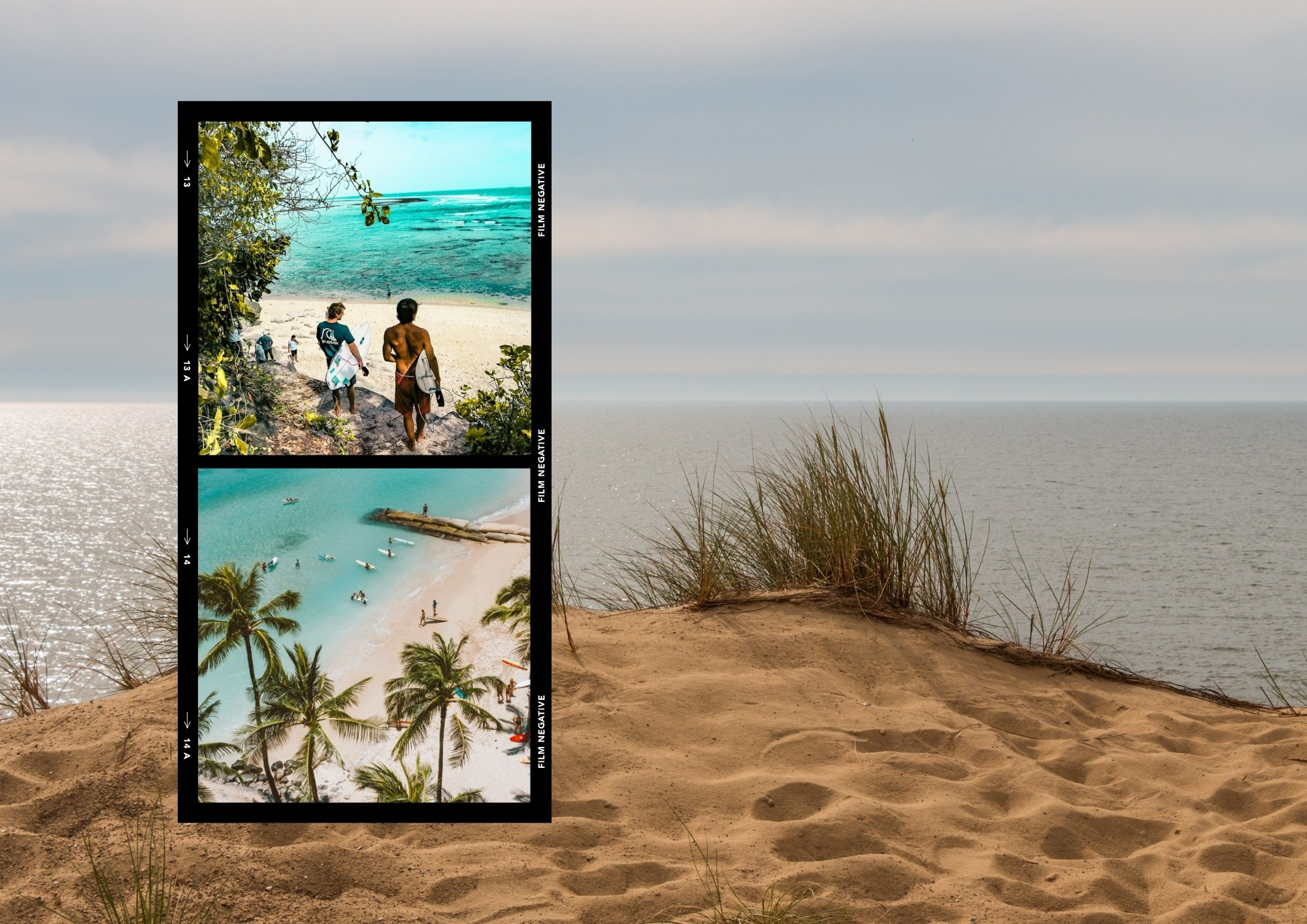 Песчаная дюна у моря и кадры с пальмами и пляжем в рамке киноплёнки