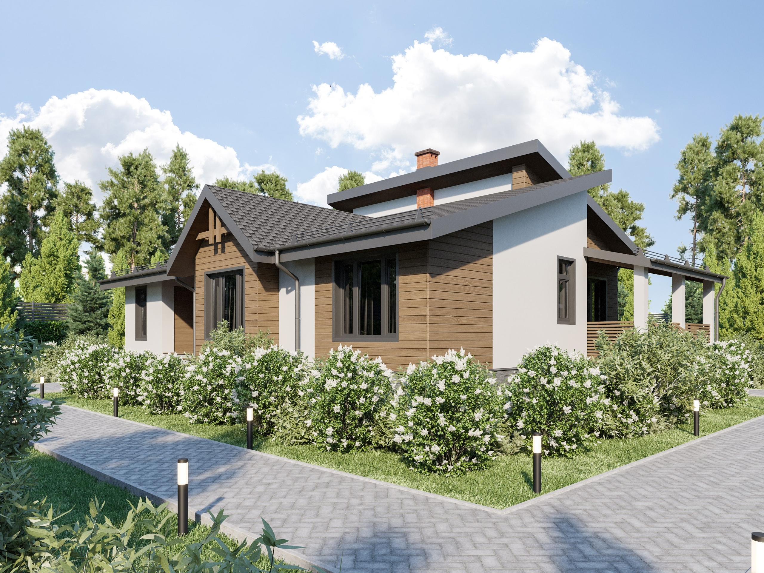 Угол дома с переходом планкена в белую штукатурку - 3D визуализация