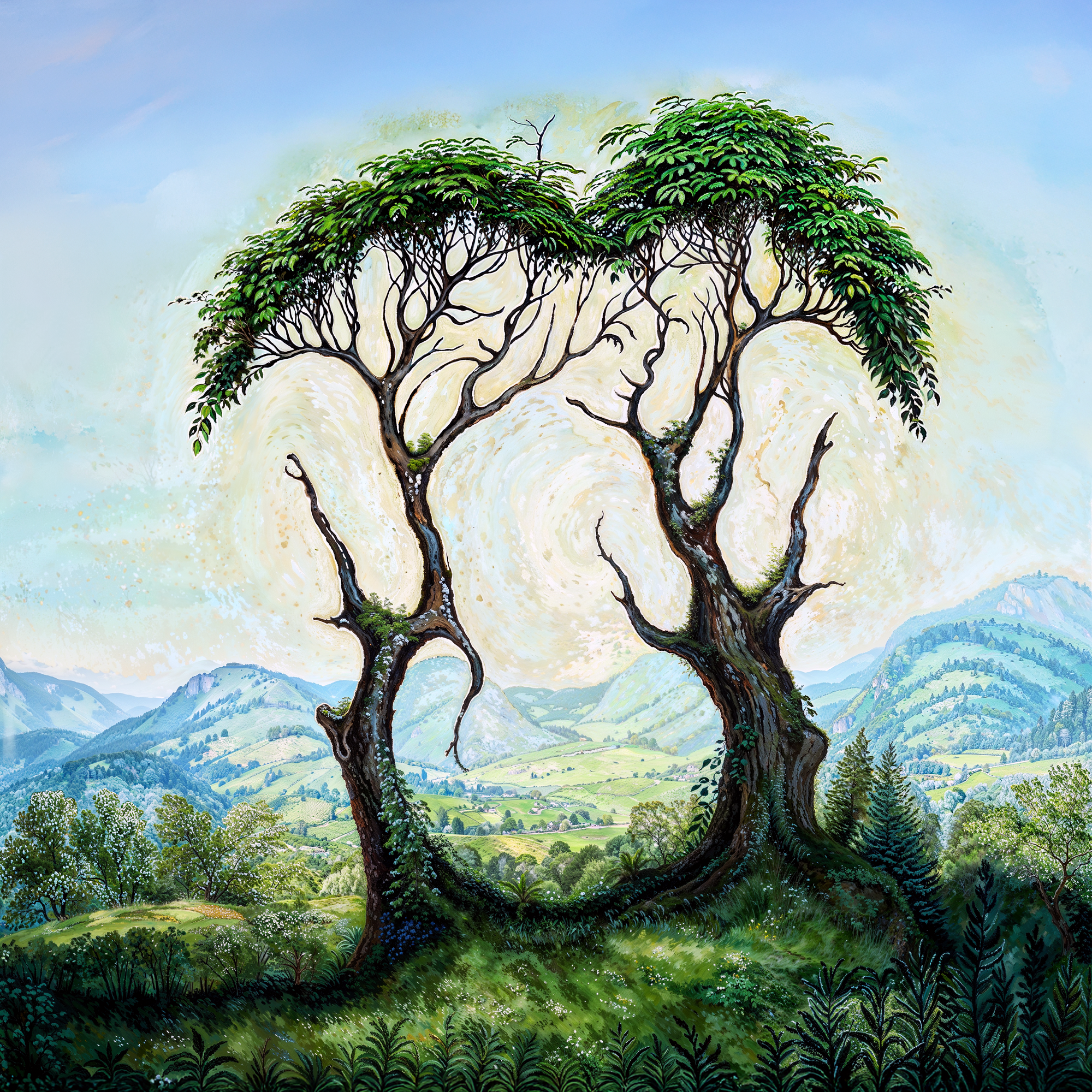 Два дерева на фоне долины образуют лица влюблённой пары — двойной образ, оптическая иллюзия природы.