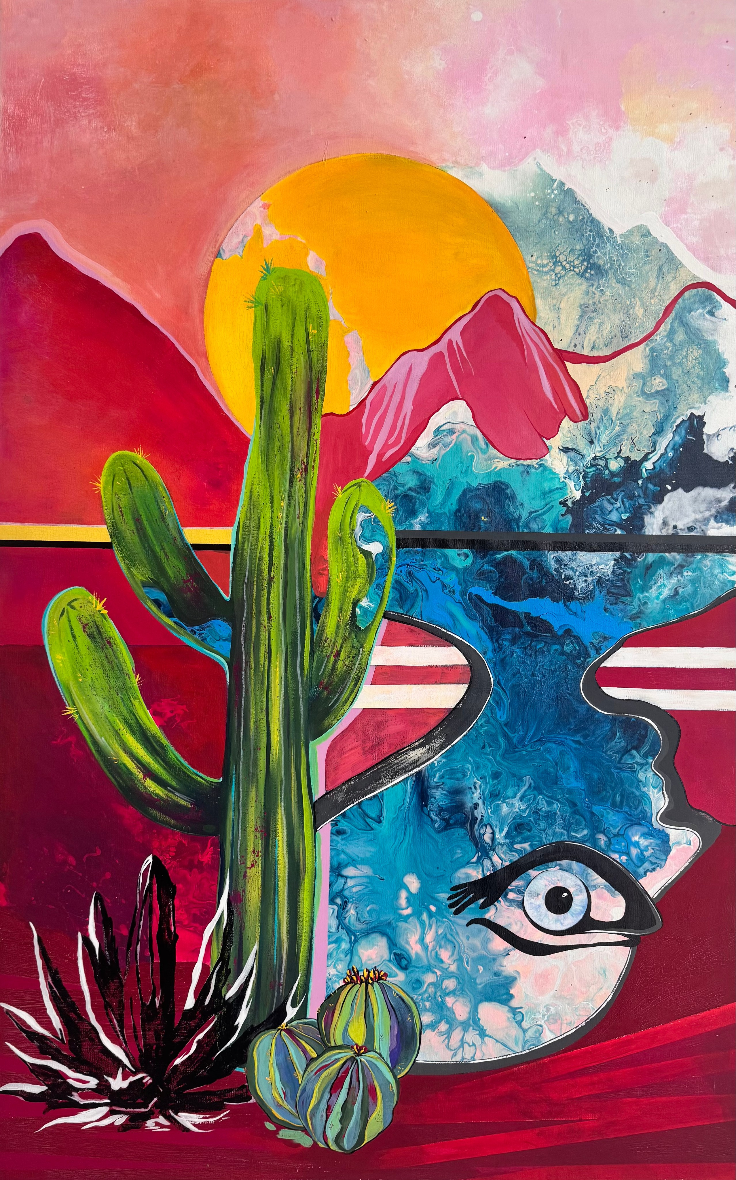 «Подписка на воду» Герой картины, кактус, стоящий в очереди за водой. Вода здесь представлена не просто как жидкость, а как абстрактный поток, созданный в технике жидкого акрила, в котором отчетливо читается человеческий силуэт — возможно, аллегория источника жизни, социального взаимодействия или даже цифрового контента, который «питает» современного человека.  Кактус, традиционно ассоциирующийся с засухоустойчивостью и самодостаточностью, здесь оказывается в положении зависимости: он вынужден ждать своей очереди, чтобы получить жизненно важный ресурс. Это символизирует тему экологического кризиса, где даже самые приспособленные виды сталкиваются с дефицитом, или метафору современного общества, где доступ к базовым благам (включая информацию) требует подписки, ожидания и подчинения системе.  Двойственность действительности ярко выражена в работе «Подписка» — как платный доступ, необходимость «вступить в систему» для получения ресурса;  «Подпитка» — как жизненная необходимость, питание, без которого даже кактус не выживет.  Цветовая гамма, построена на контрасте: холодные оттенки воды против жарких, «пустынных» тонов кактуса, что усиливает напряжение между жаждой и её утолением.  Все работают по одной системе: природные ресурсы и цифровые сервисы, где даже символы «независимости» (как кактус) становятся частью системы потребления. Работа - диалог с темами экологии, цифровизации и социальных иерархий. Это размышление о том, как современный человек, несмотря на кажущуюся автономность, всё глубже погружается в циклы зависимости — от воды, технологий, социальных структур.  Зритель может увидеть в этой работе и экологический манифест, и ироничный комментарий о «плате за существование», и даже метафору творчества: искусство тоже требует «подпитки», но что, если источник иссякает?  Холст, акрил, жидкий акрил 110*70 см