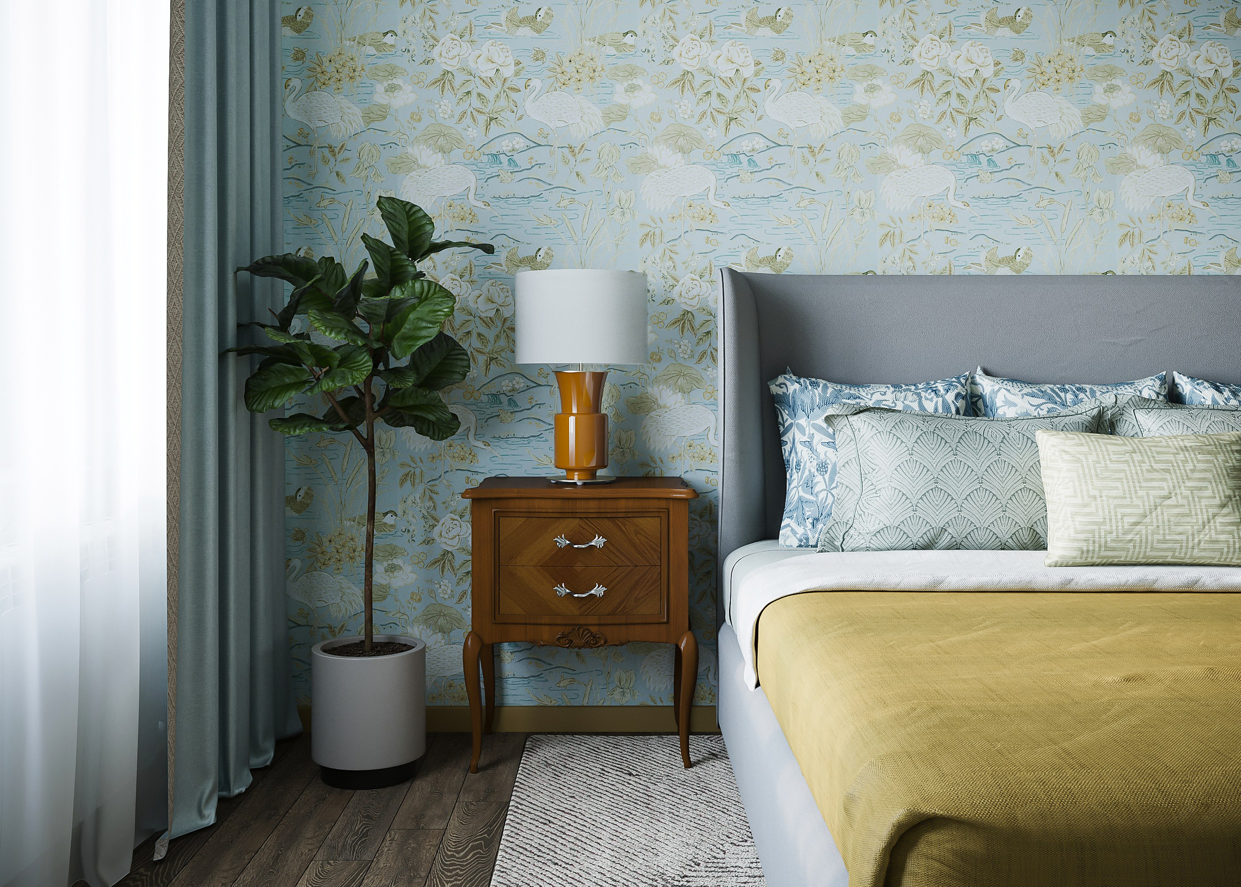 интерьер спальни с классическими тумбочками и современными керамическими лампами