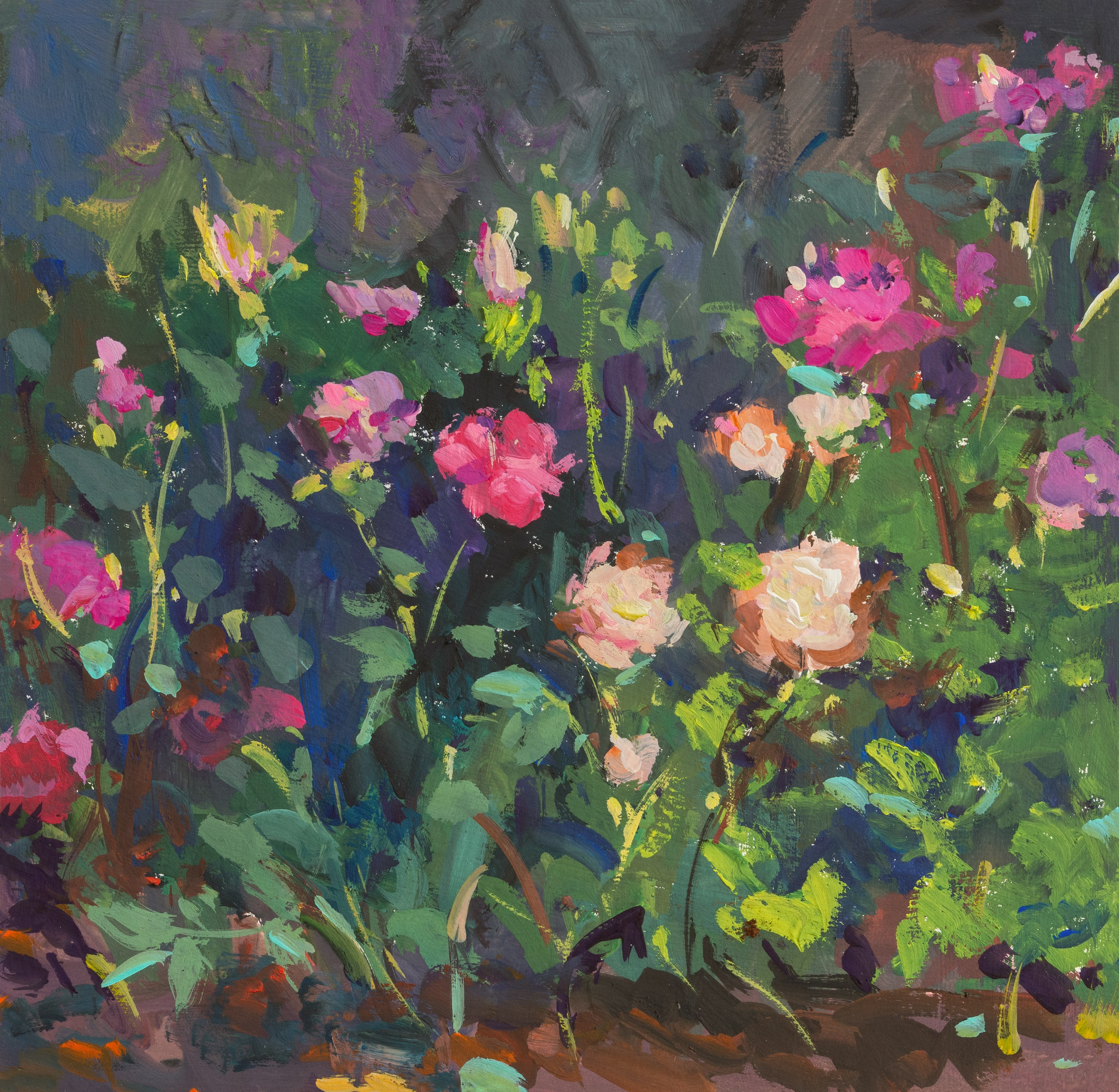 "The Rose Garden. Etude" cardboard, gouache 17.5x18cm, 2025