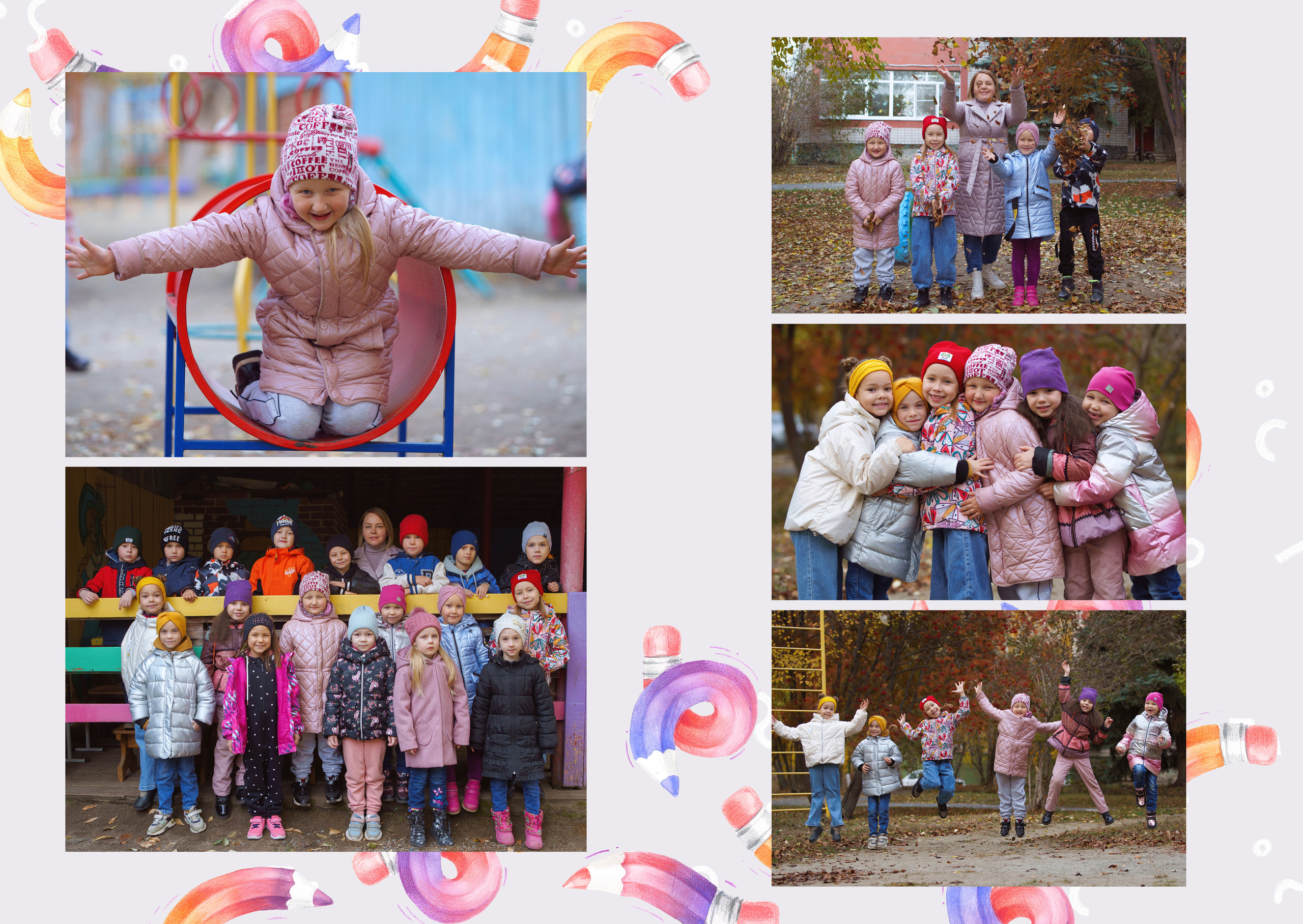 Фотоальбом выпускной детский сад. Альбом Карандаши. Репортажные фото прогулки, занятий, игр, физкультура, хореография.