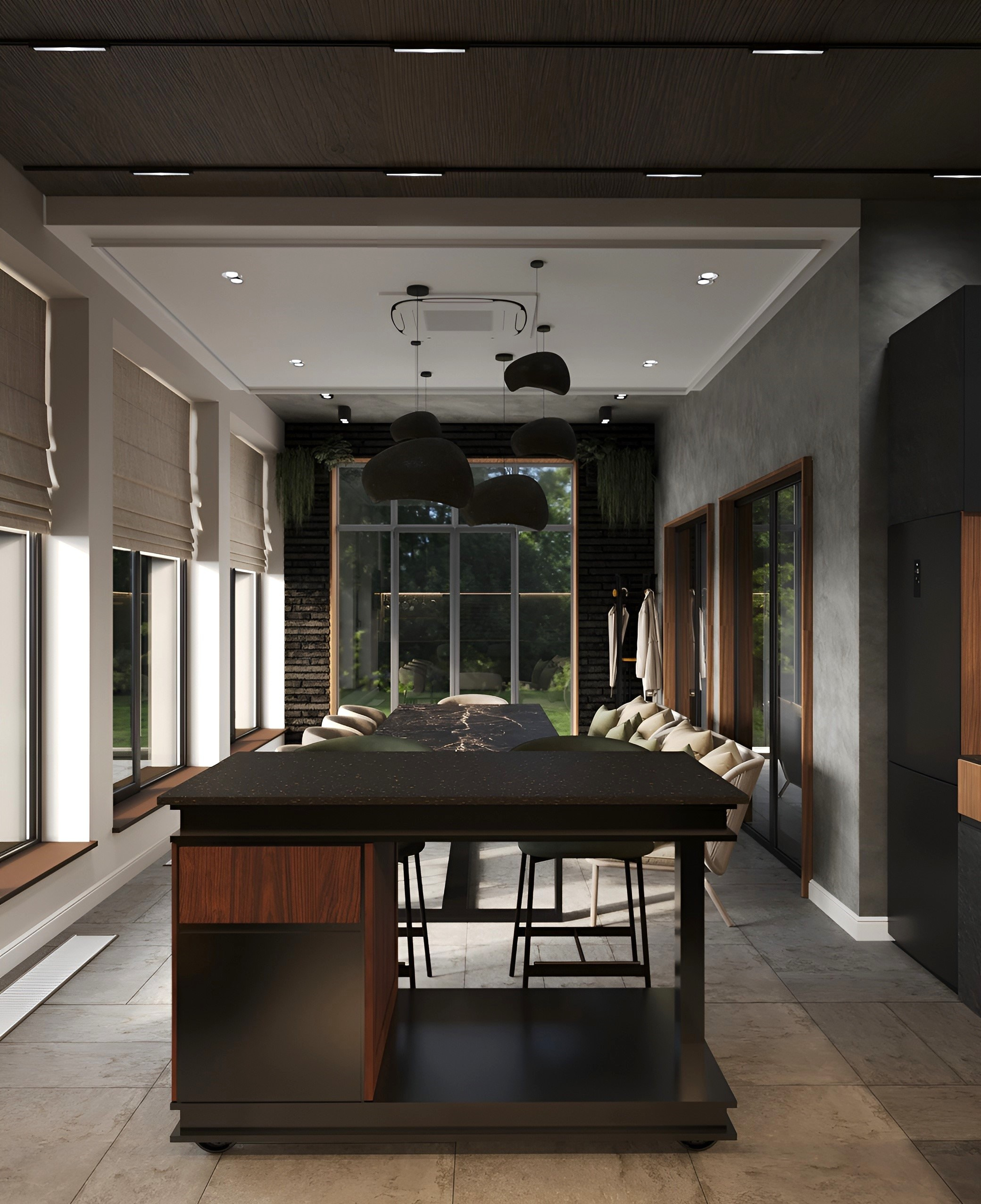 Терраса в загородном доме с камином. 3D Визуализация интерьеров жилых и коммерческих помещений