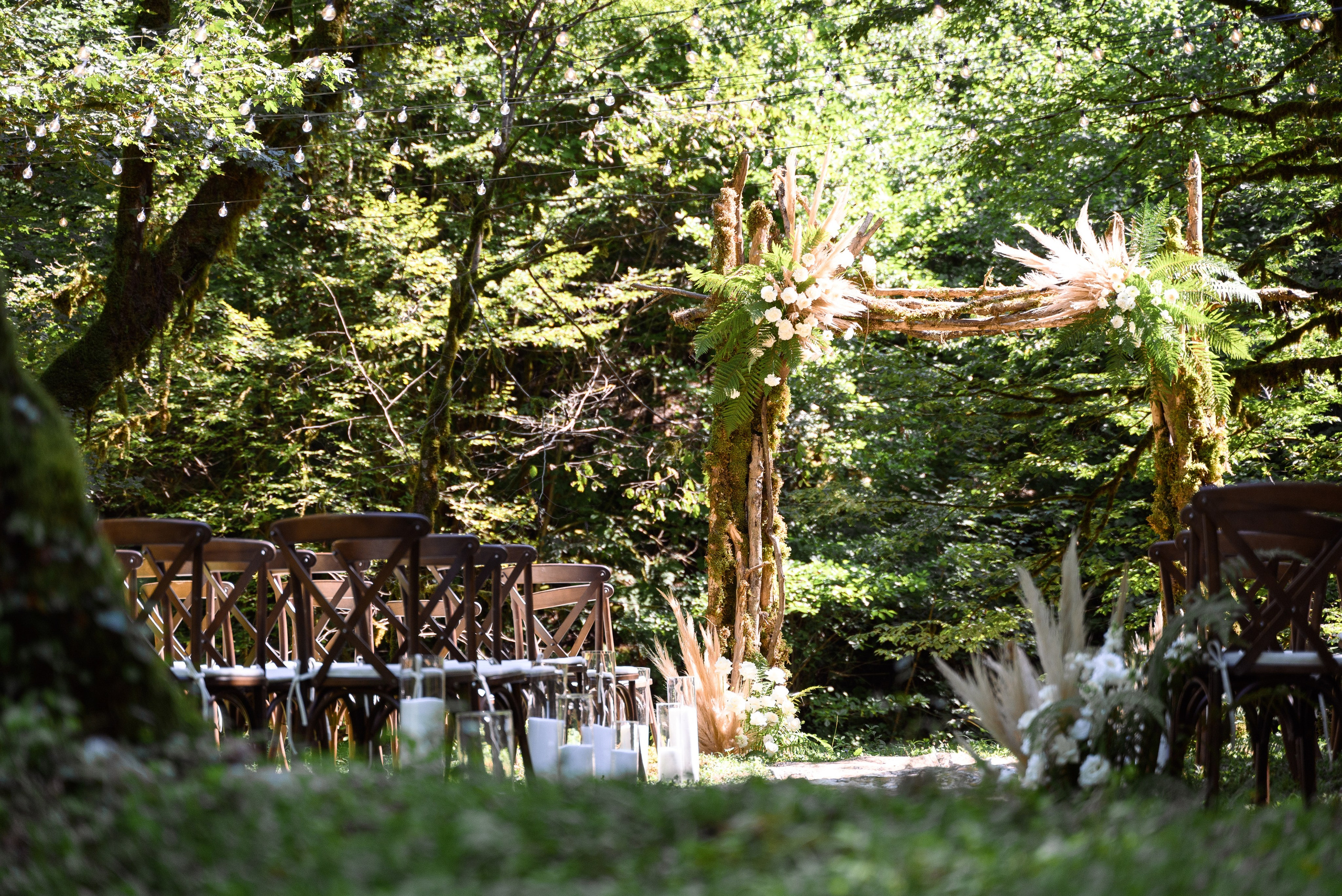 Интерьерный кадр передающий атмосферу где стоят стулья свадебная арка всё это происходит в лесу и сквозь ветки пробивается солнце 