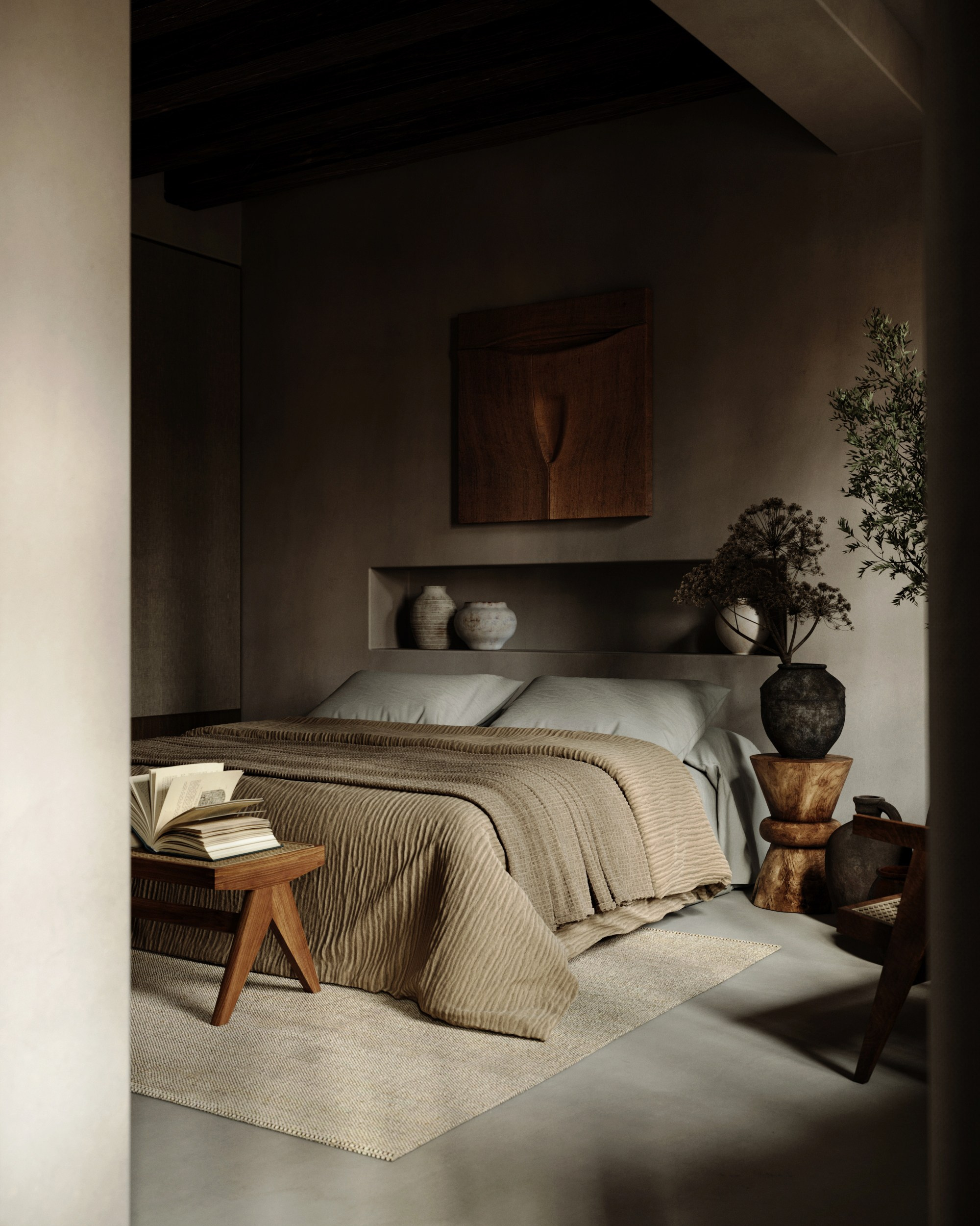 Спальня в стиле Wabi-Sabi. Создание 3д визуализаций. Анимированное видео. Сборка сцен