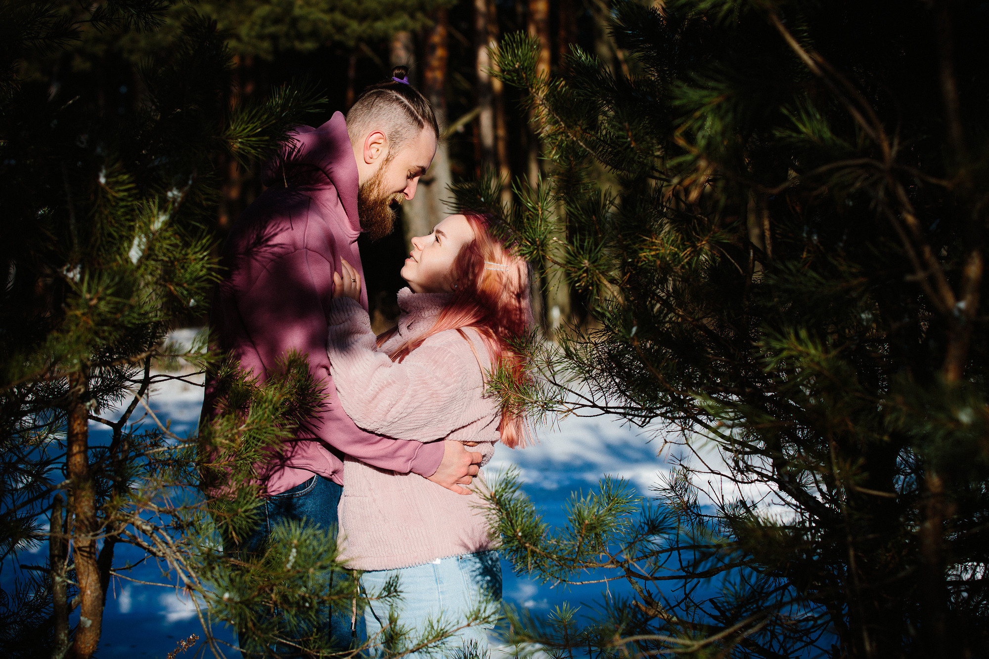 Пара влюбленных снята сквозь хвойные деревья в лесу