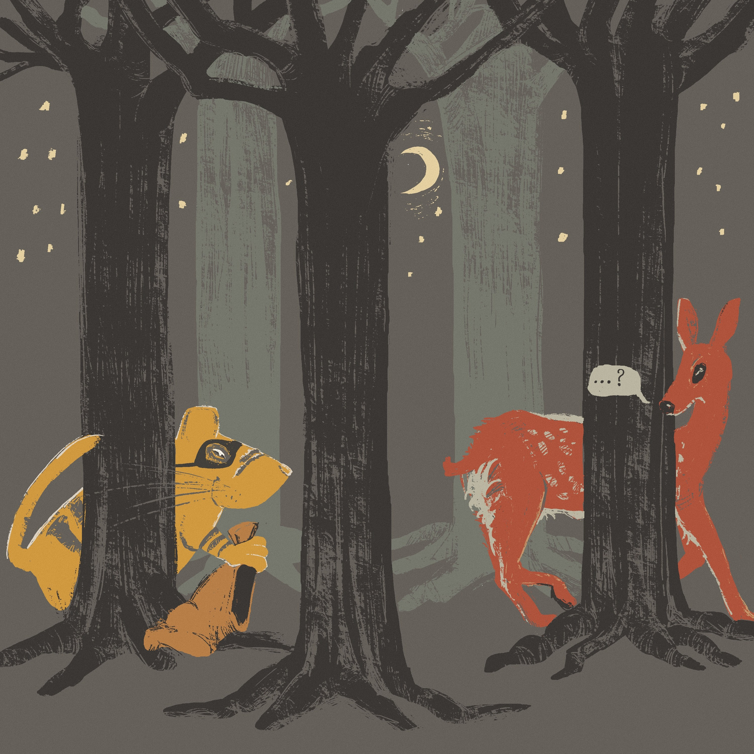 Детская иллюстрация, где Криминальный Кис встречает оленя