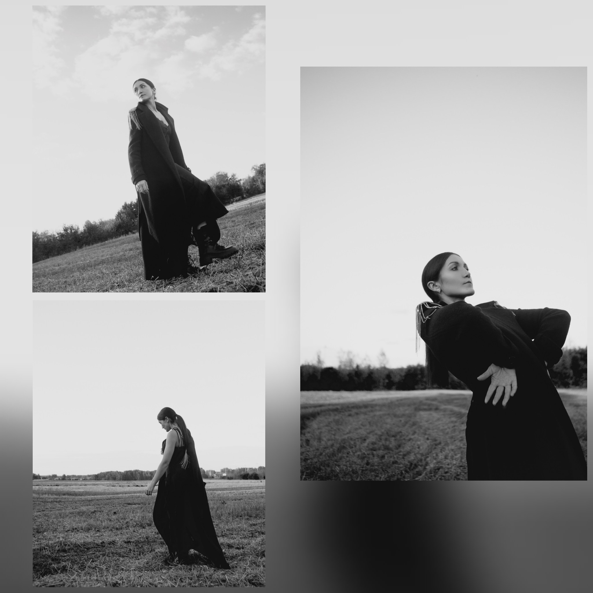 девушка идёт по полю в чёрном пальто