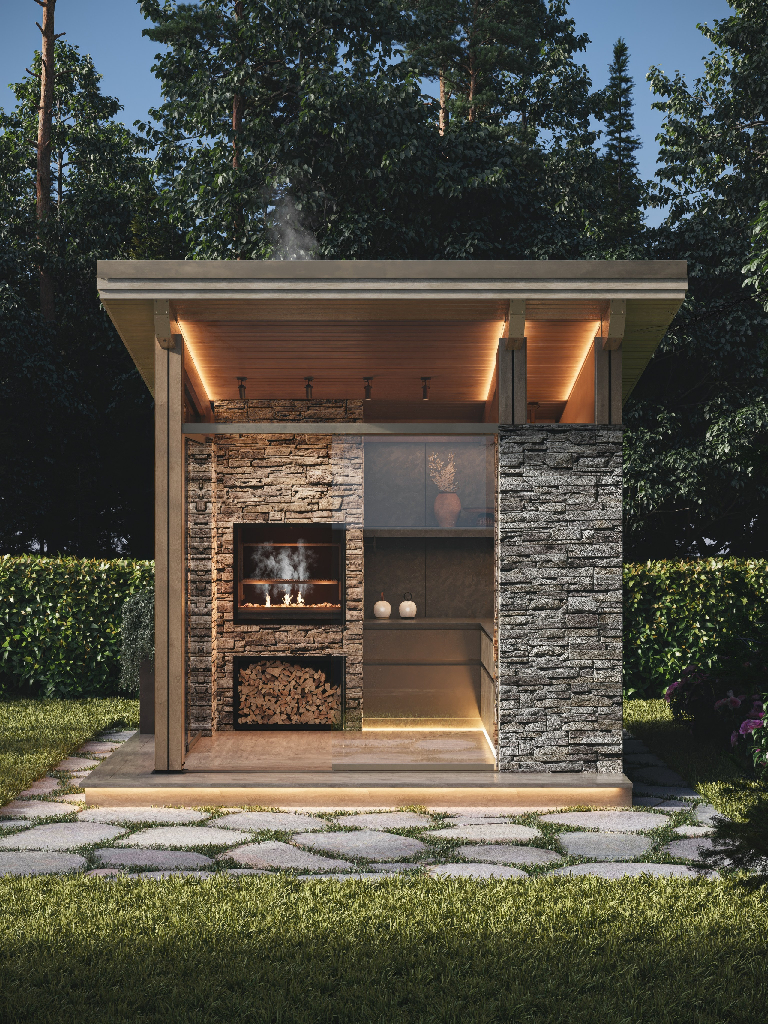 Беседка с грилем. 3D визуализация интерьера и архитектурной среды