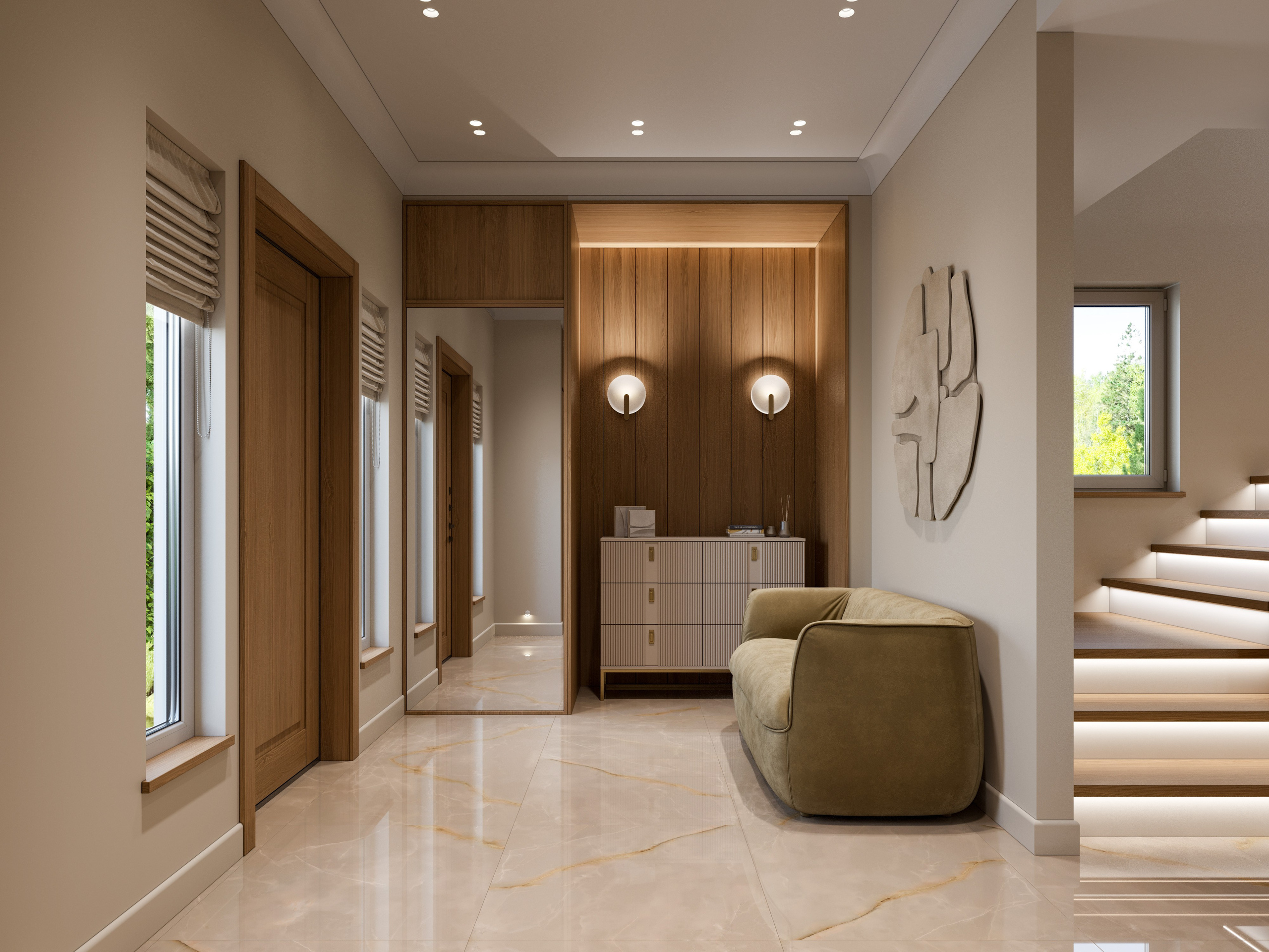 Прихожая с деревянными панелями и современным освещением в загородном доме