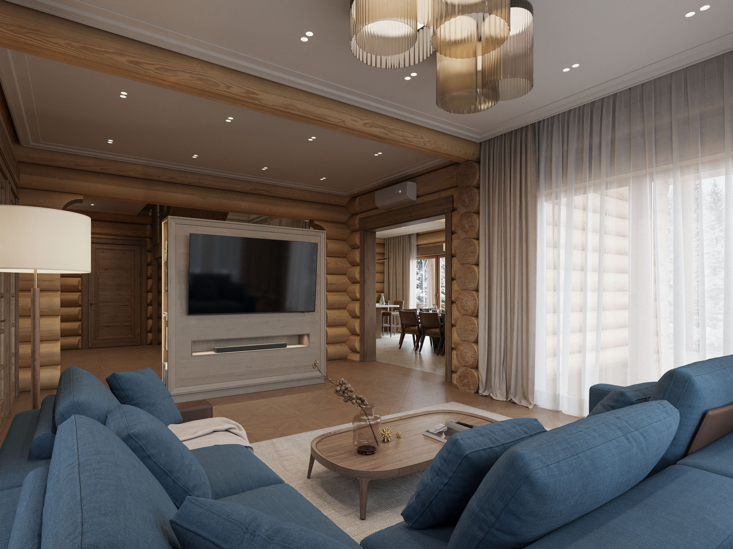 Современная гостиная в срубе с деревянными стенами и диваном синегоцвета - 3D рендер