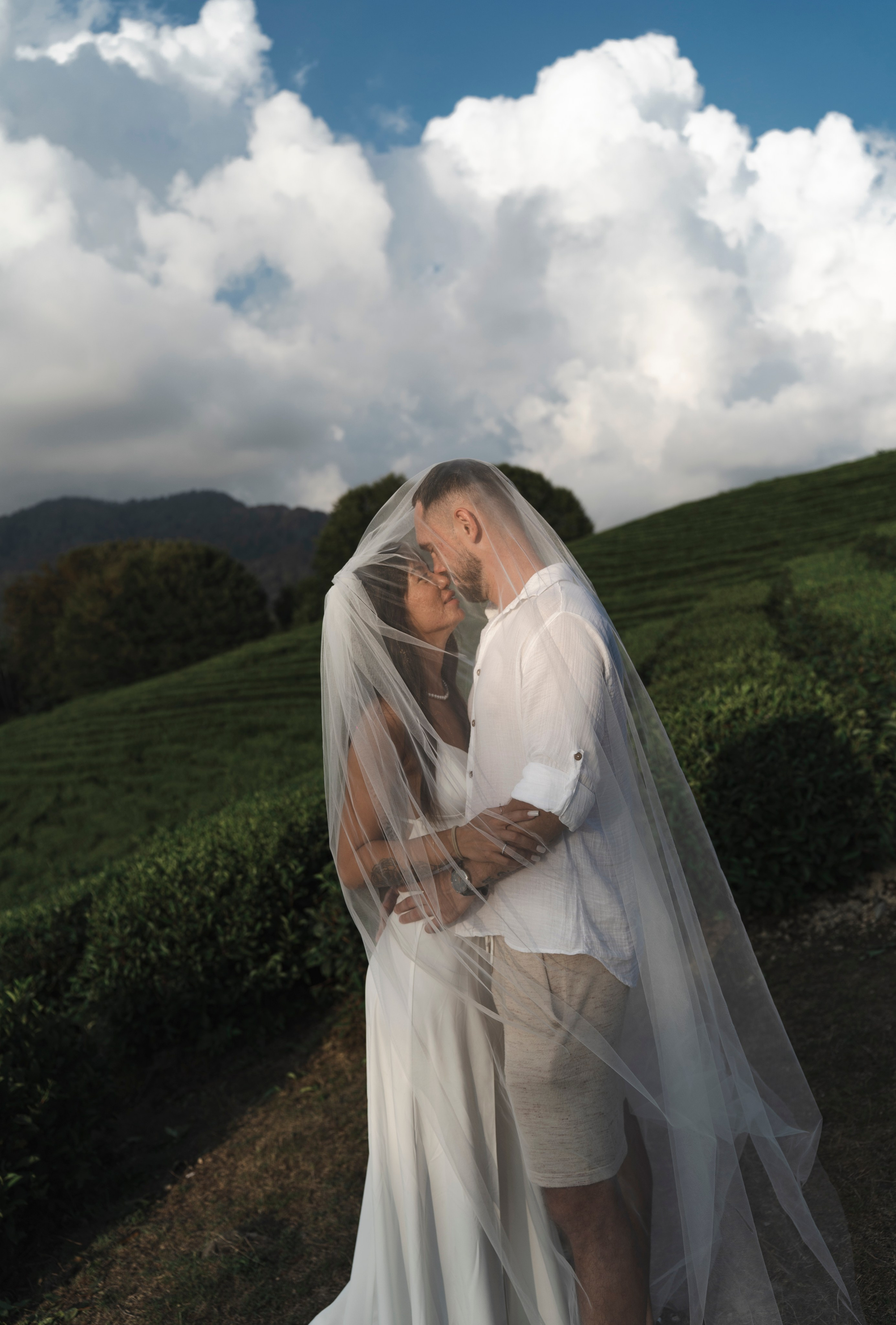 Мужчина и женщина, которые предположительно являются парой, стоят в пышном зеленом поле в солнечный день на фоне облаков. Женщина одета в белое свадебное платье и вуаль, которая закрывает ее и мужчину лица. Мужчина одет в белую рубашку и коричневые шорты. Они обнимают друг друга и, кажется, собираются поцеловаться.