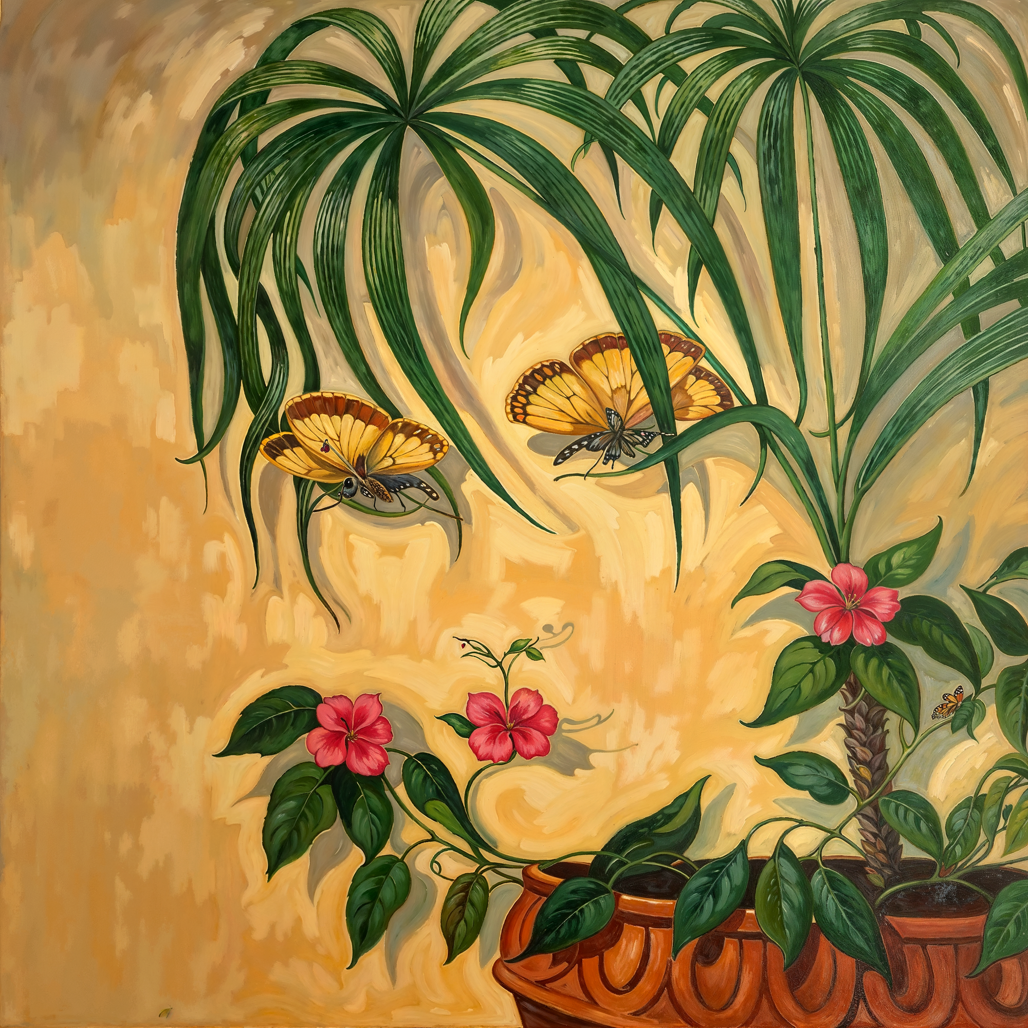 Лицо, скрытое в листве и бабочках, образованное растениями в горшке