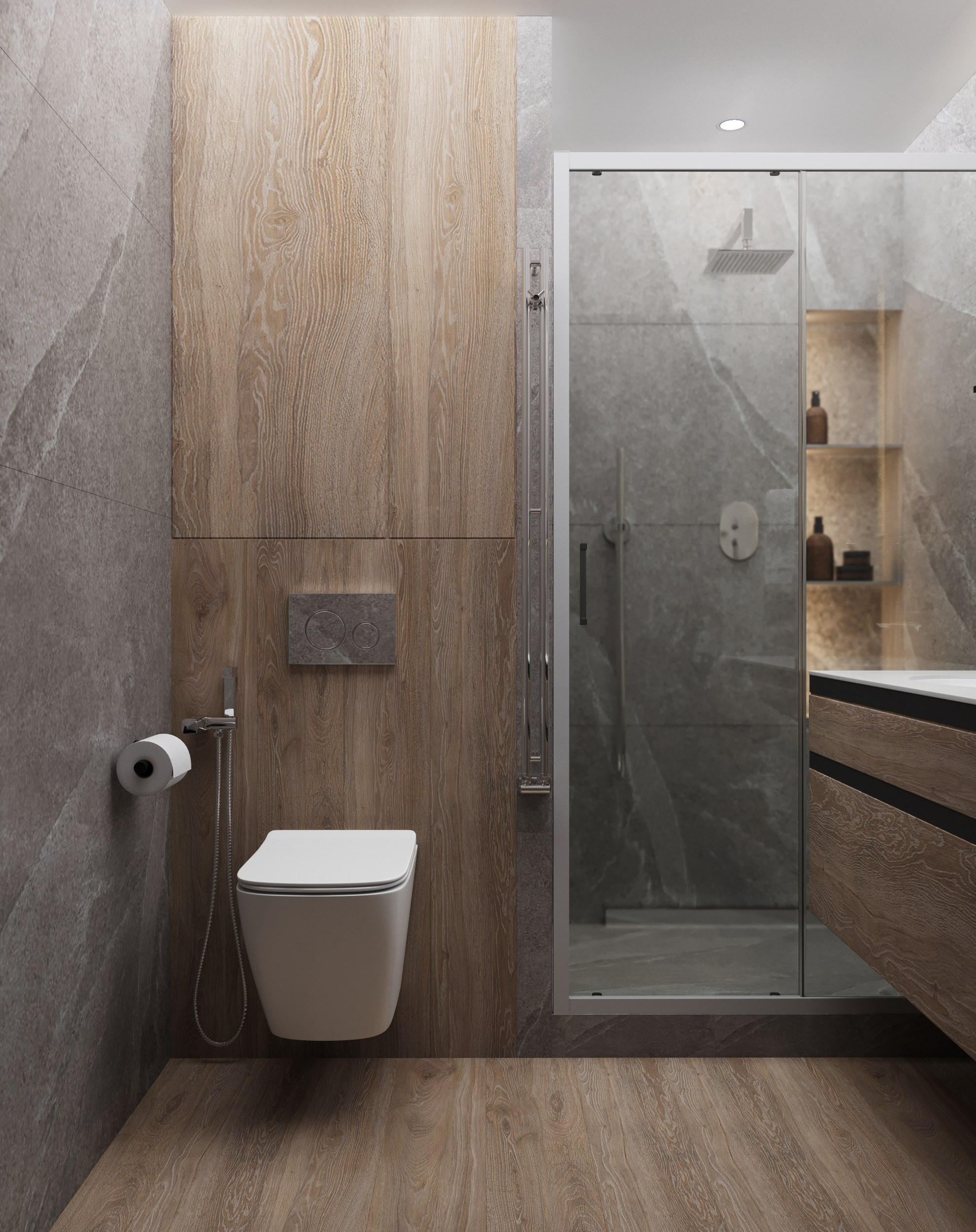 Гостевая ванная в сочетании дерево/камень. 3D Визуализация интерьеров жилых и коммерческих помещений