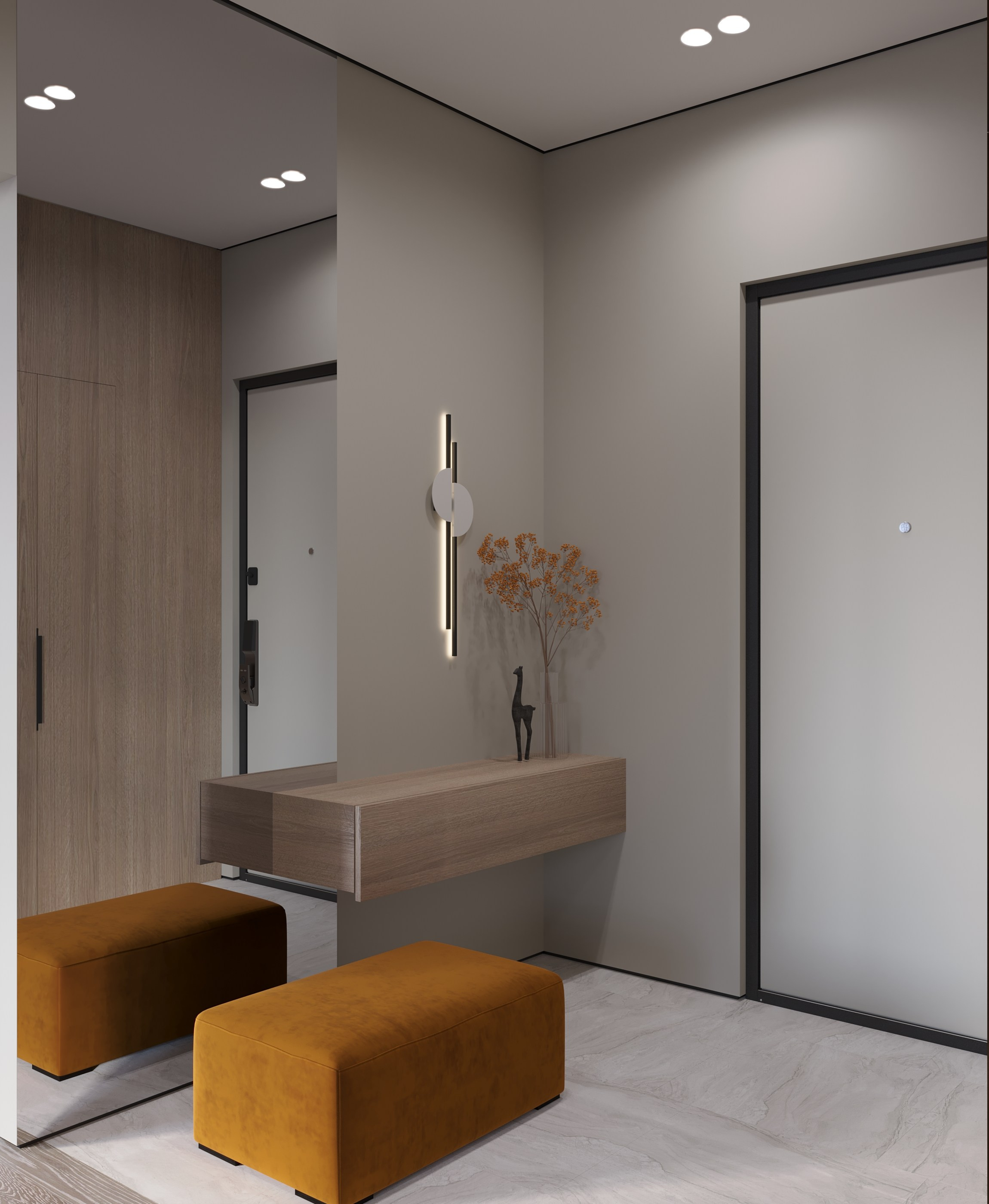 входная зона, прихожая, в современной квартире с гардеробной, подвесная тумба при входе и огромным зеркалом 