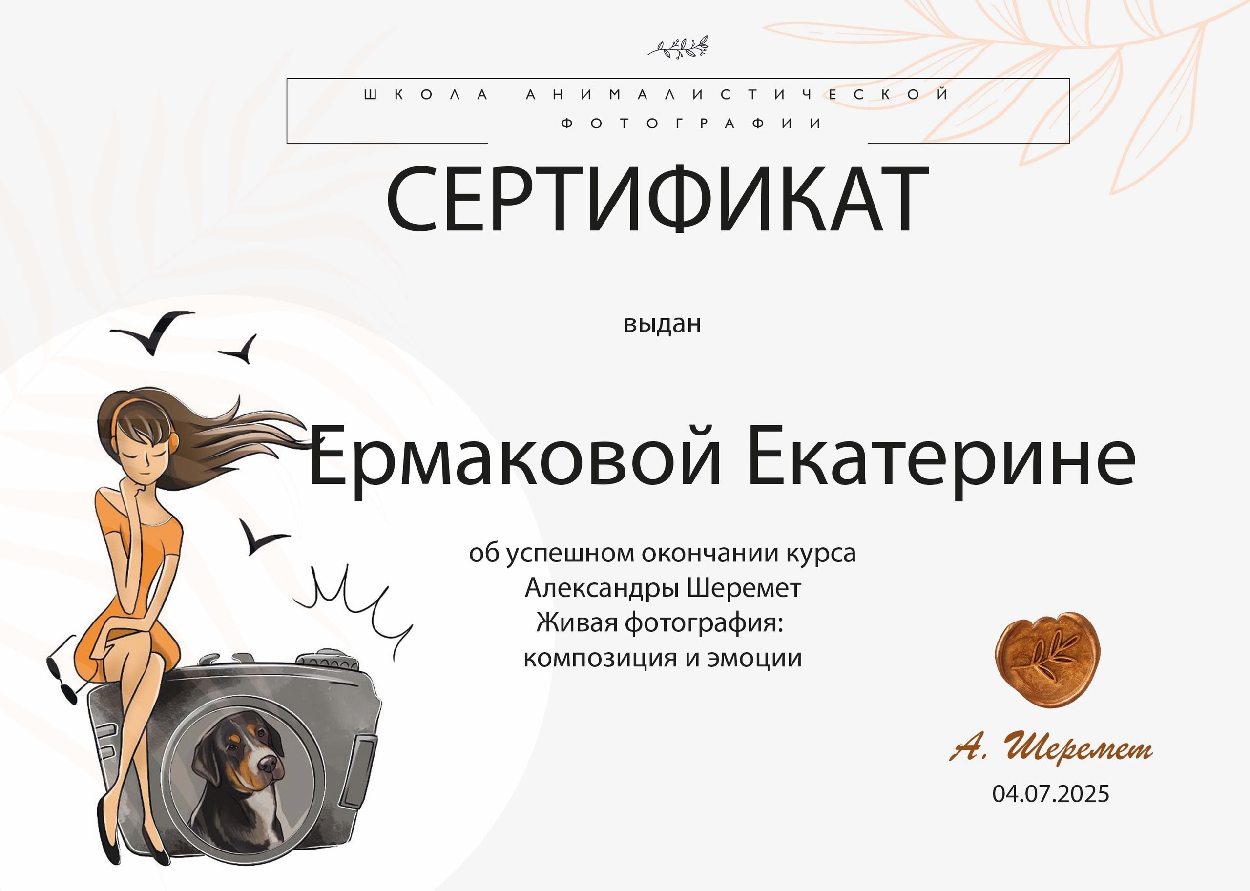 Сертификаты. Фотограф-анималист|Ермакова Екатерина