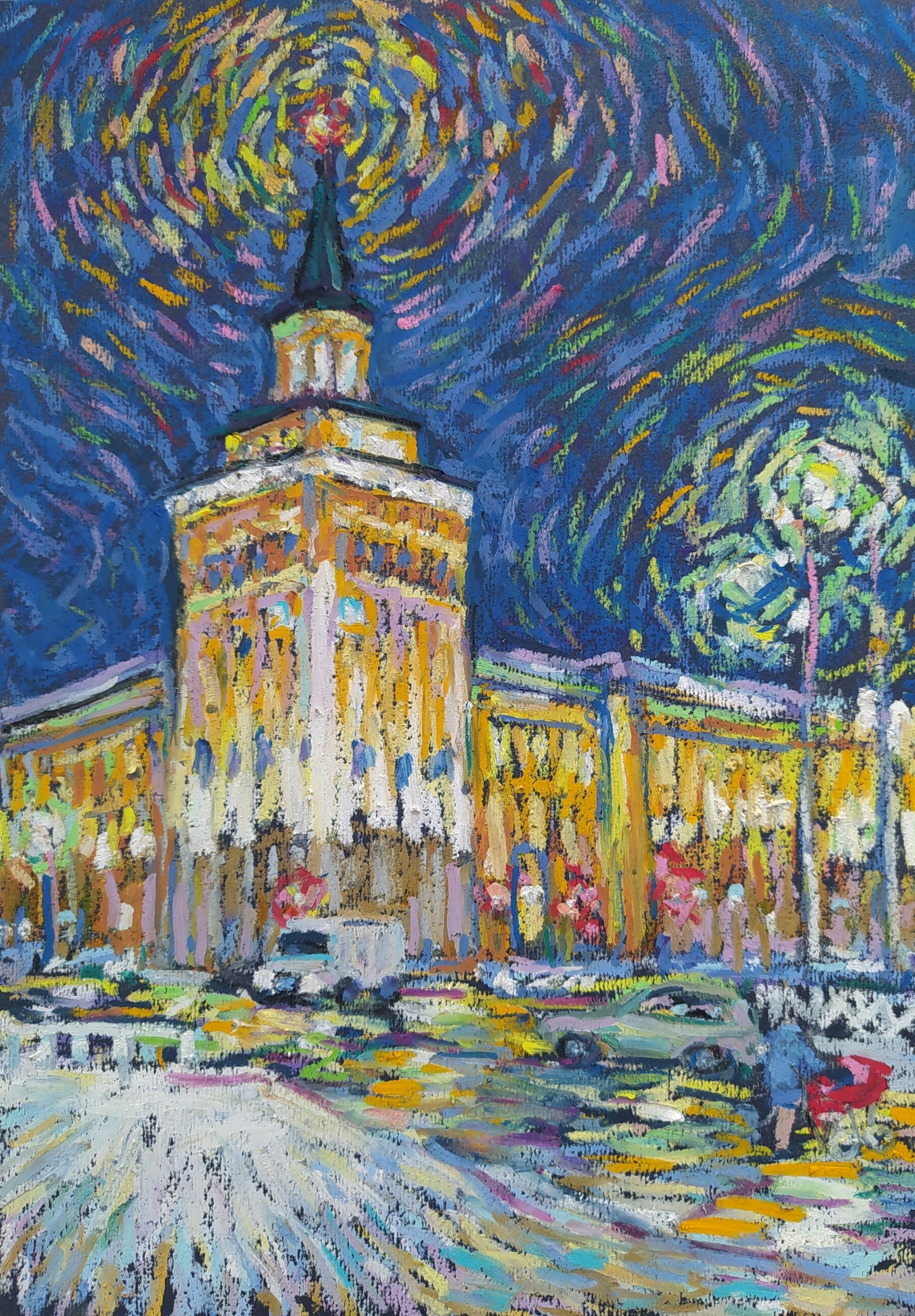 Пейзаж масляной пастелью, рисунок - Ночной Ярославль зимой и его огни