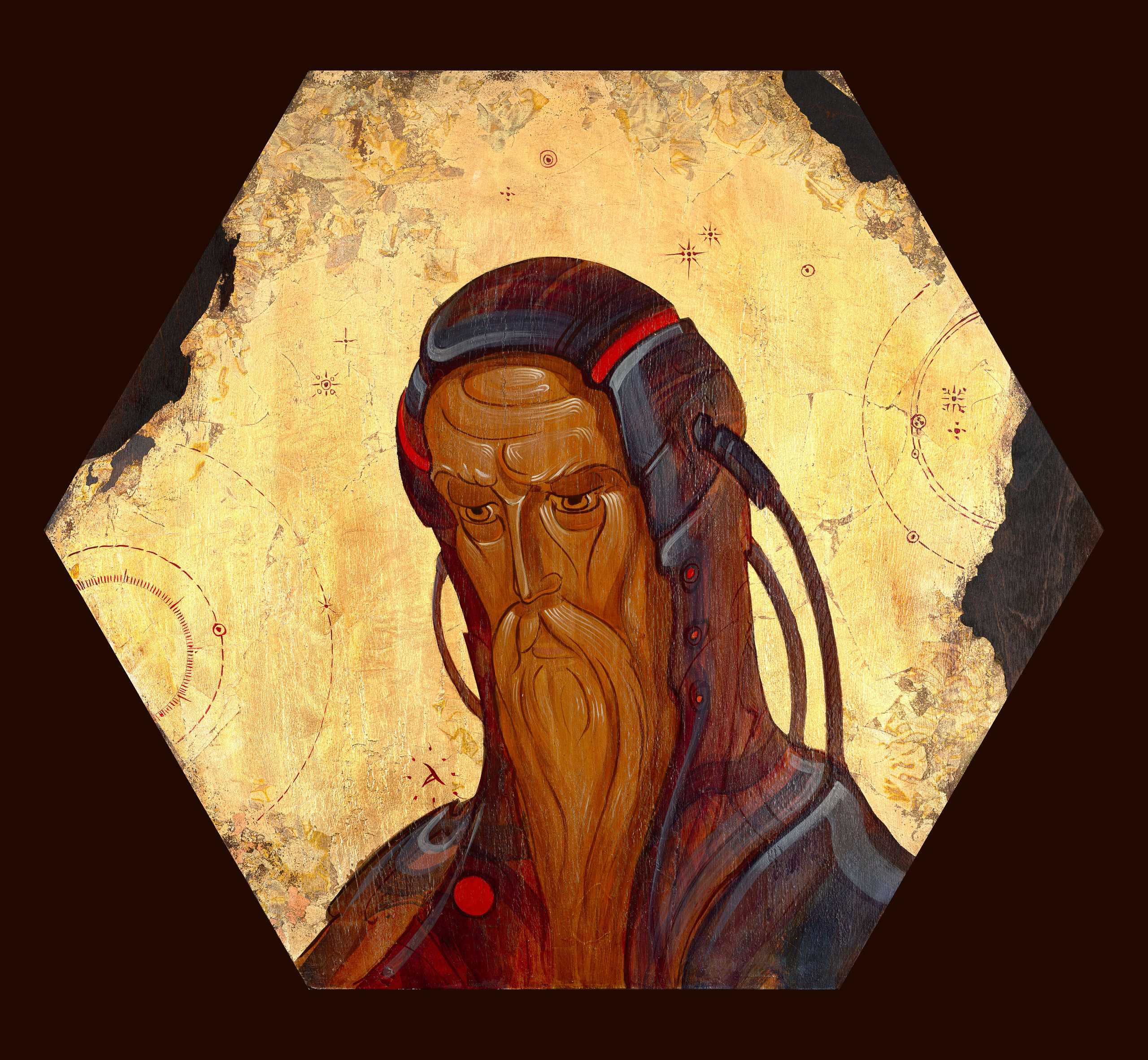 «Астрогатор 20052024» - художник Антон Фролов (дерево, темпера, поталь, диаметр 60 см, 2024)
