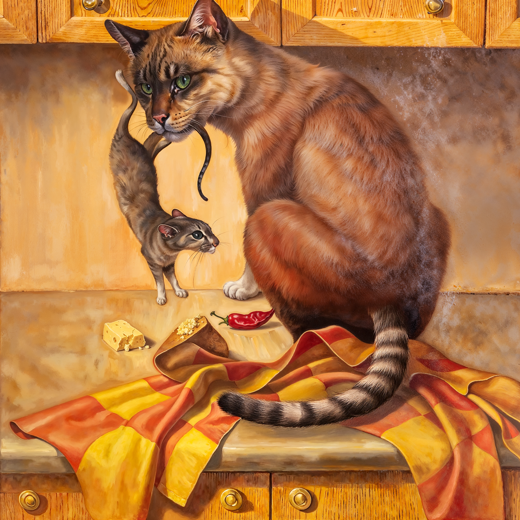 Кошка и мышка на кухонном столе, создающие иллюзию женского лица из предметов