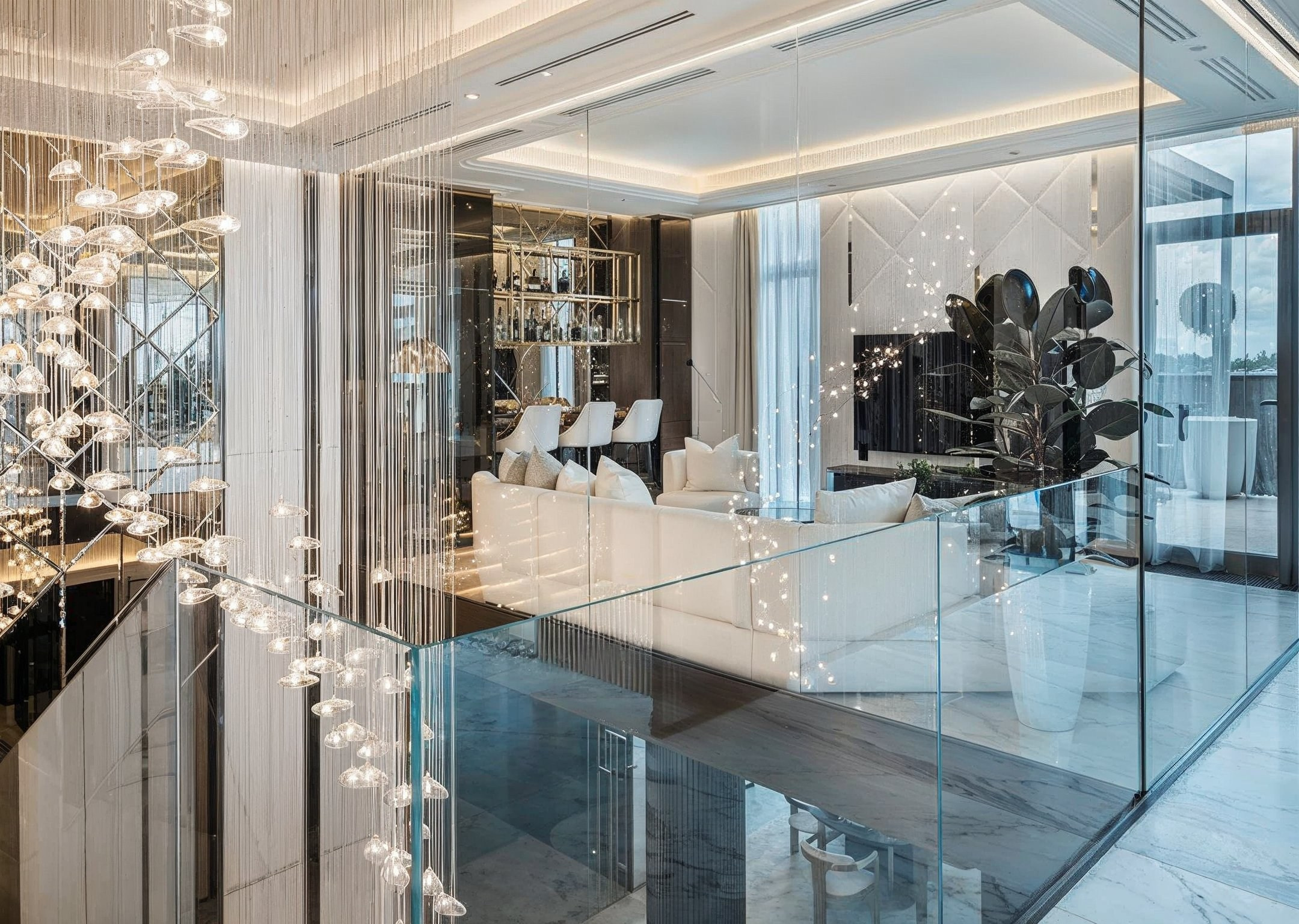 Вид на гостиную с дизайнерской люстрой и стеклянными перегородками — современный интерьер Валерии Котович