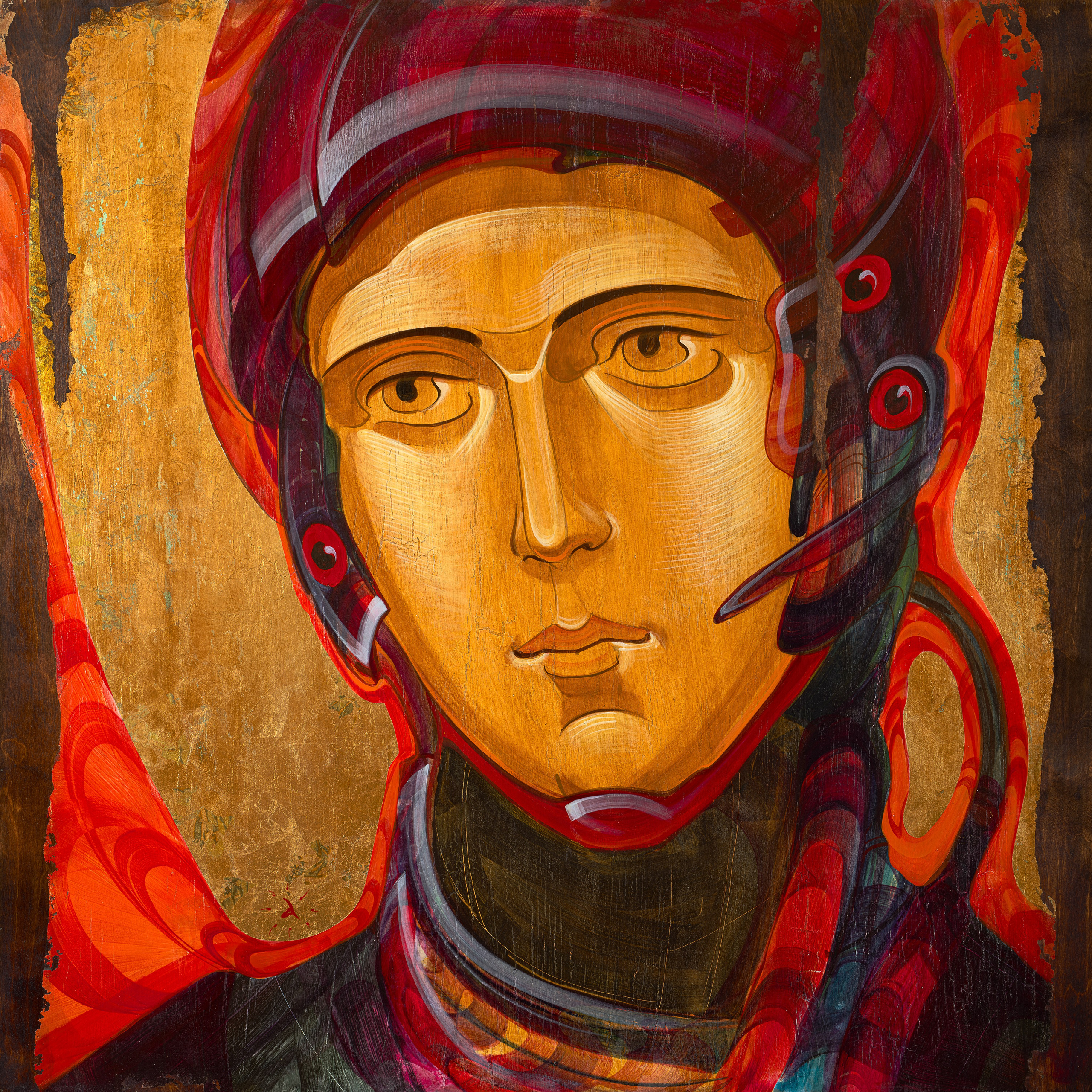 «Пребывающий в плазме» - художник Антон Фролов (дерево, темпера, поталь, 120x120 см, 2024)