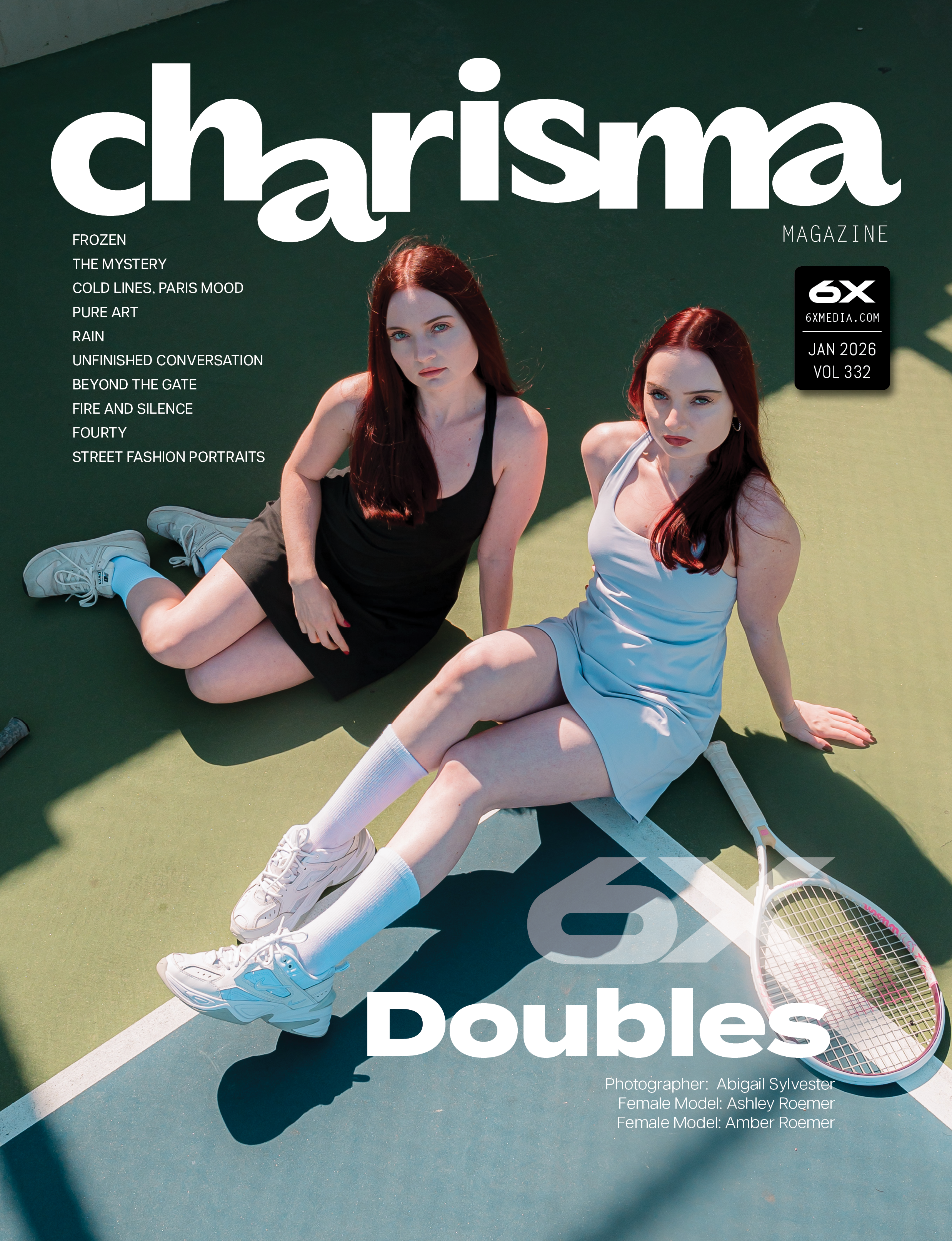 "CHARISMA Magazine обложка январь 2026 спортивный стиль теннисный корт две модели фотография Абигейл Сильвестер" Ключевые слова для продвижения:charisma magazine, fashion photography, tennis court aesthetic, sports fashion, editorial cover, lifestyle magazine, professional photography