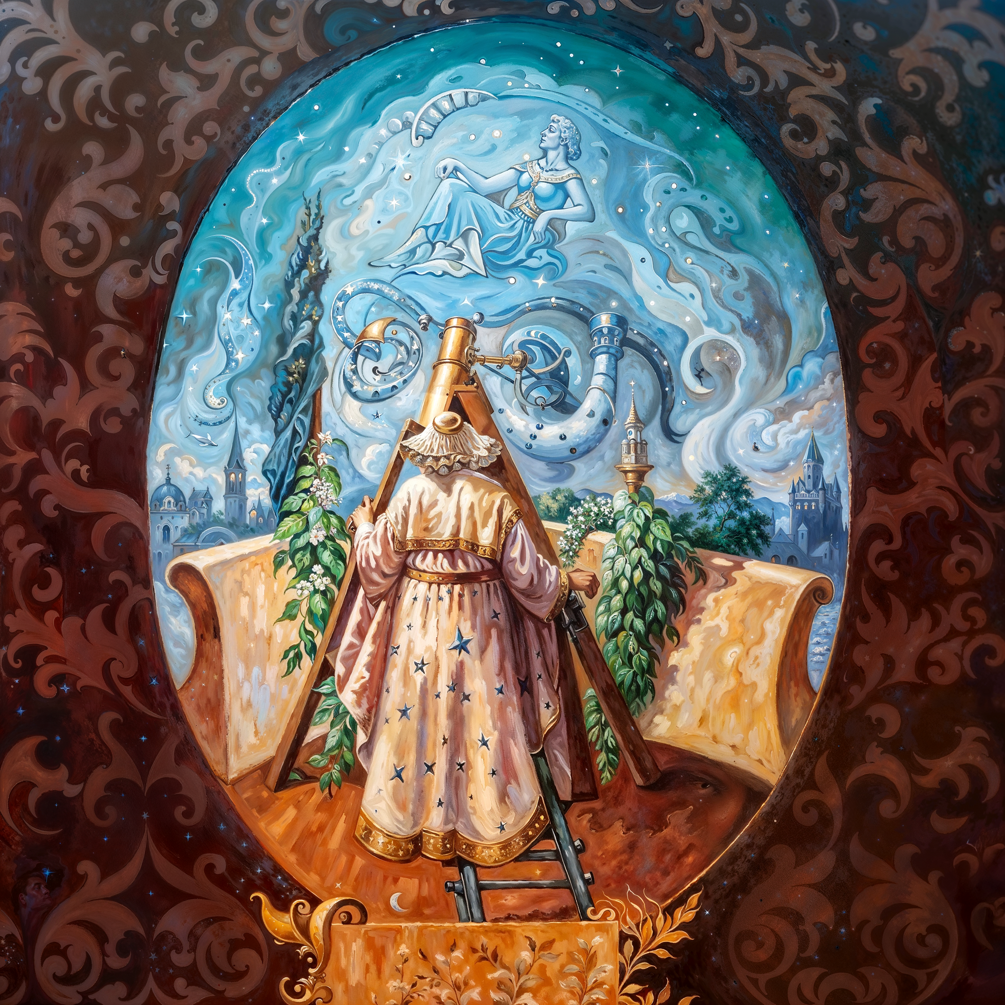 Астроном смотрит в телескоп, в небе образ девушки из звёзд — адаптация в стиле Олега Шупляка.