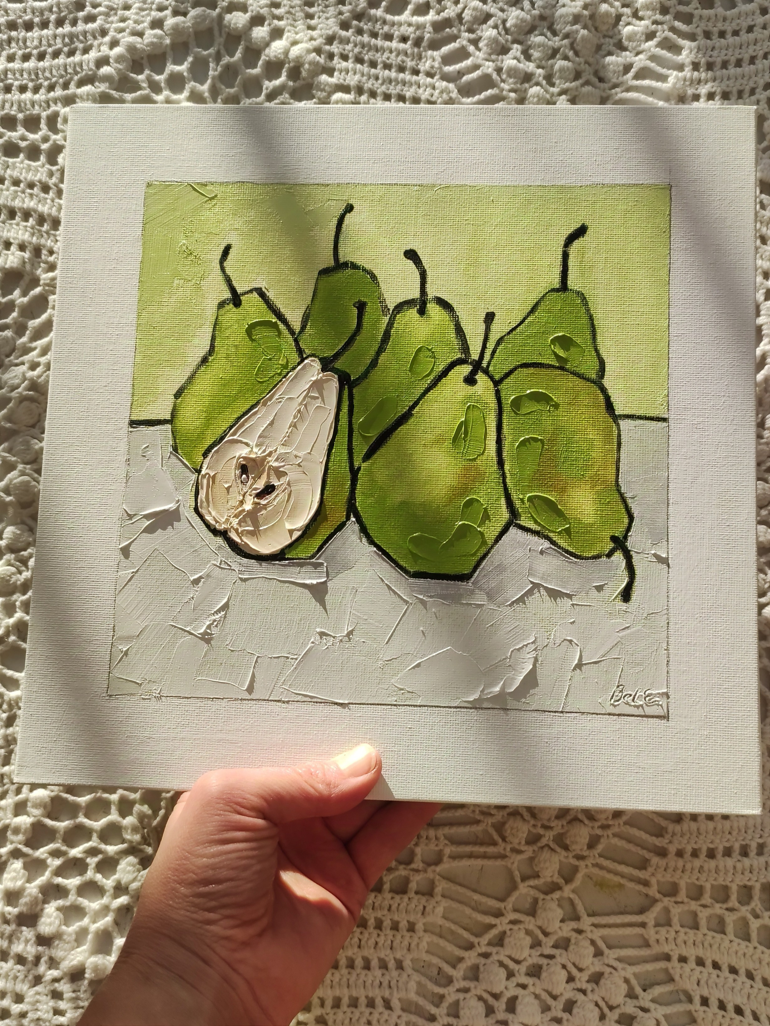 «Зеленые груши», масло, холст на картоне, 25×25 см. Галерея картин художницы Бельмесовой Евгении