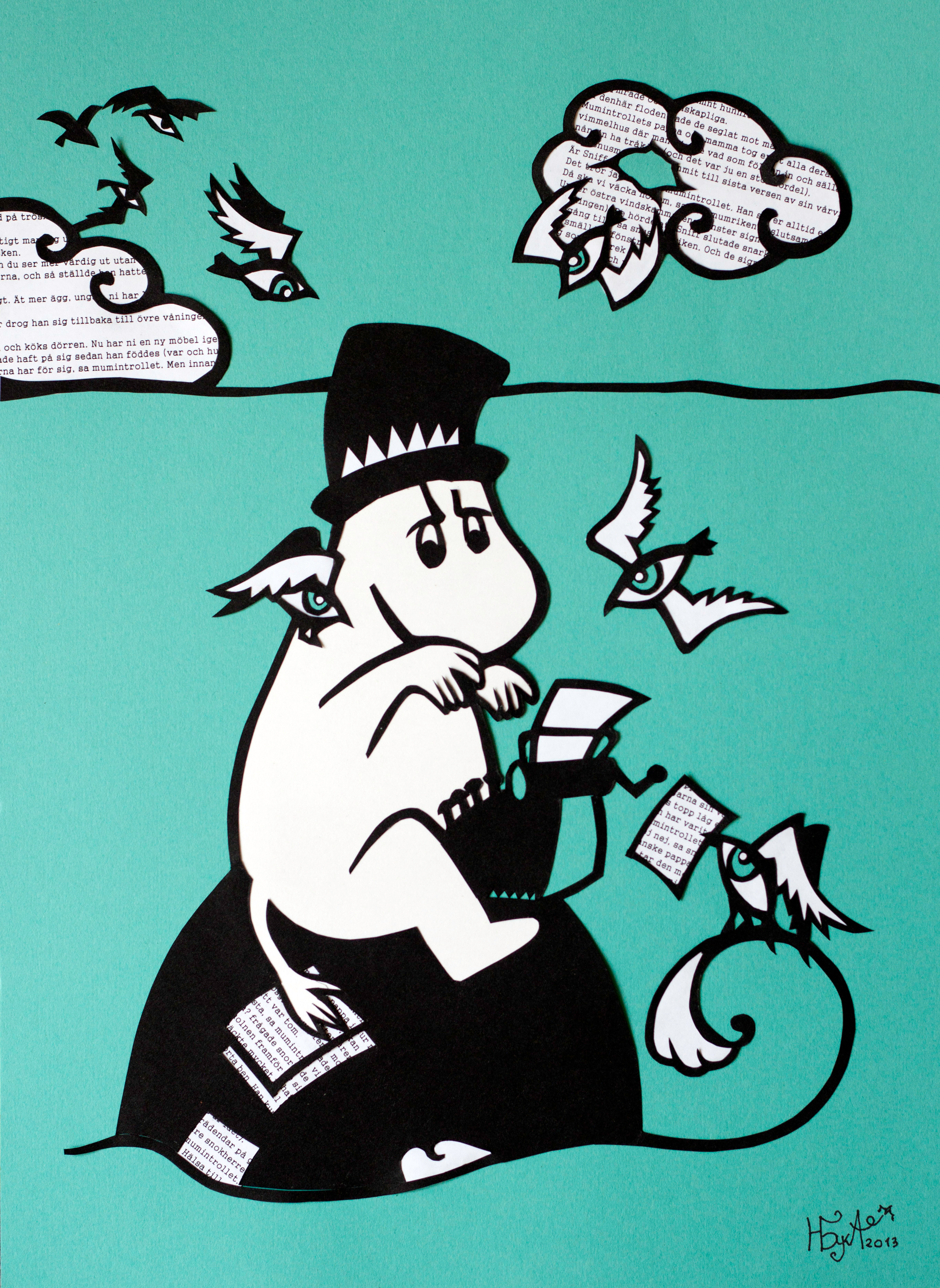 Mumiy-troll and piglas, 2013, 43x54, colored paper, book pages