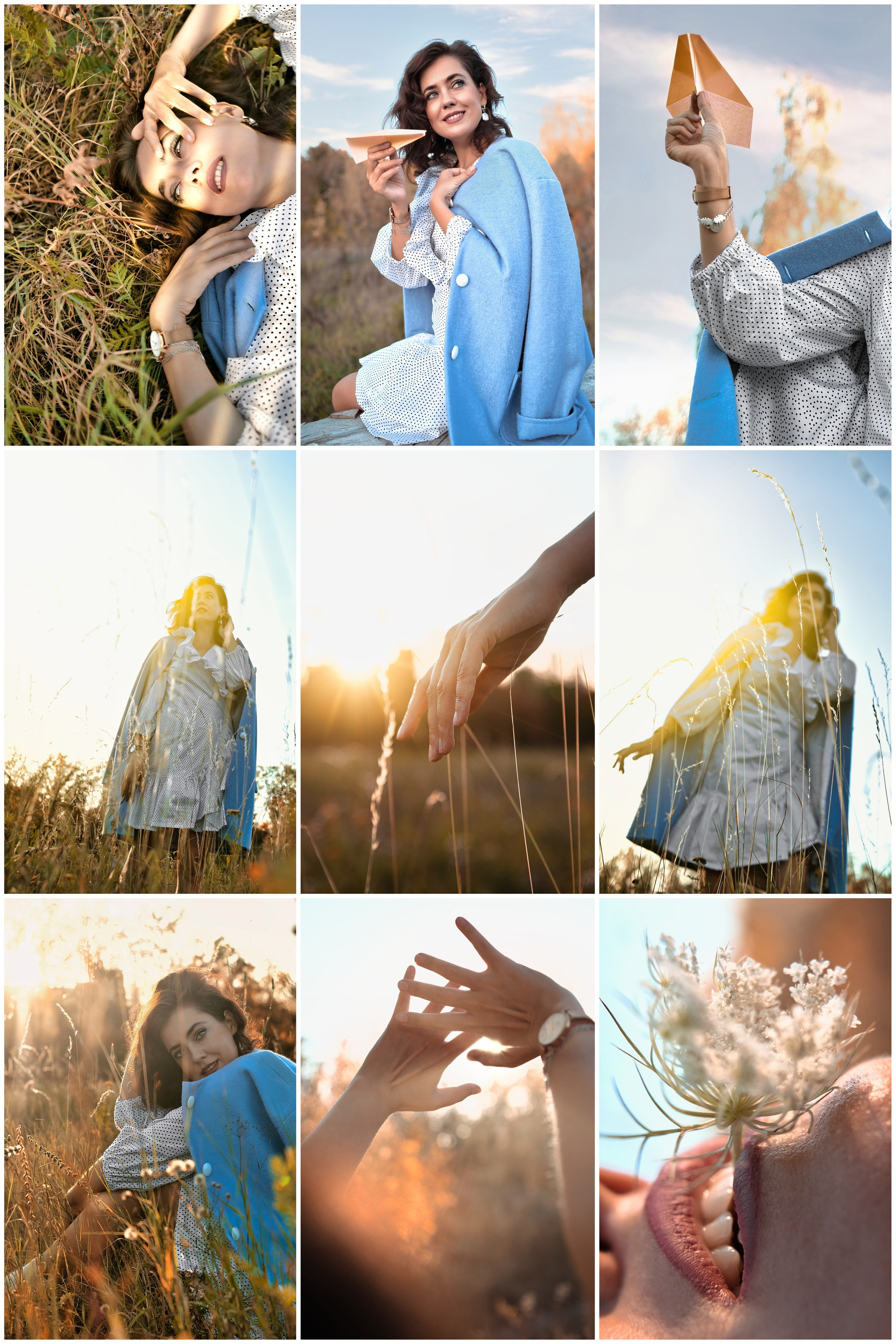 Осенняя фотосессия на природе на закате девушка в голубом пальто