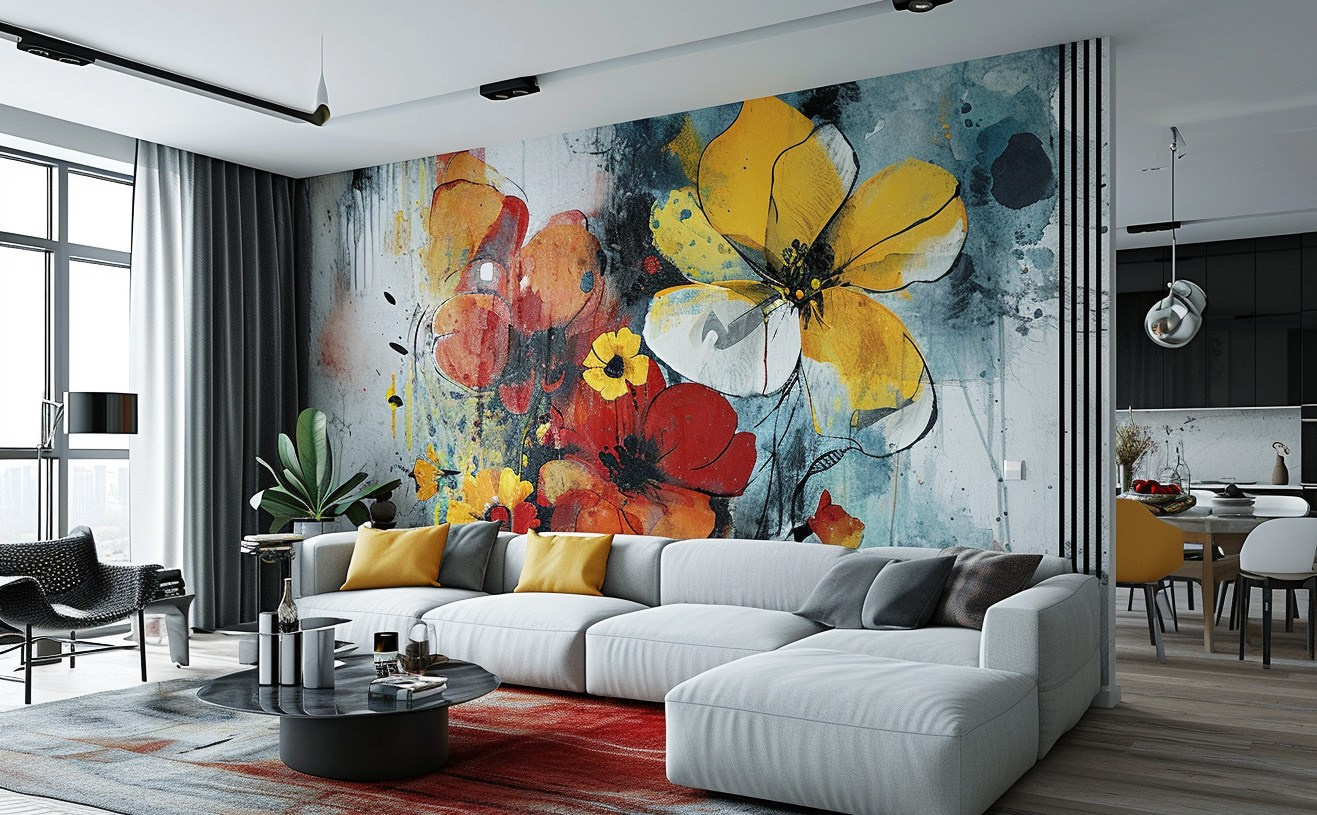 художественный мурал и граффити на стене современной жилой комнаты в испании