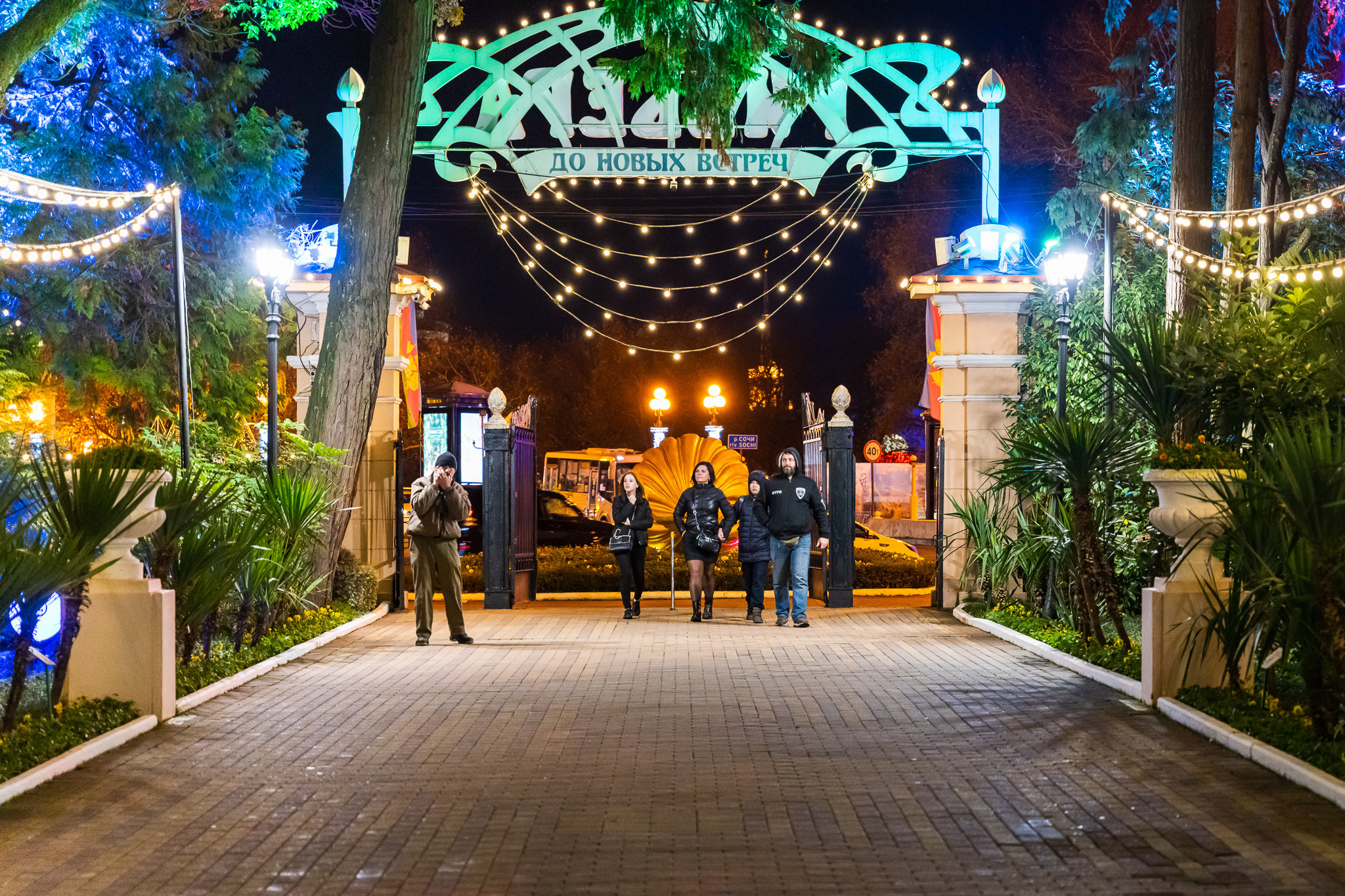 Вход в парк Ривьера в Сочи ночью