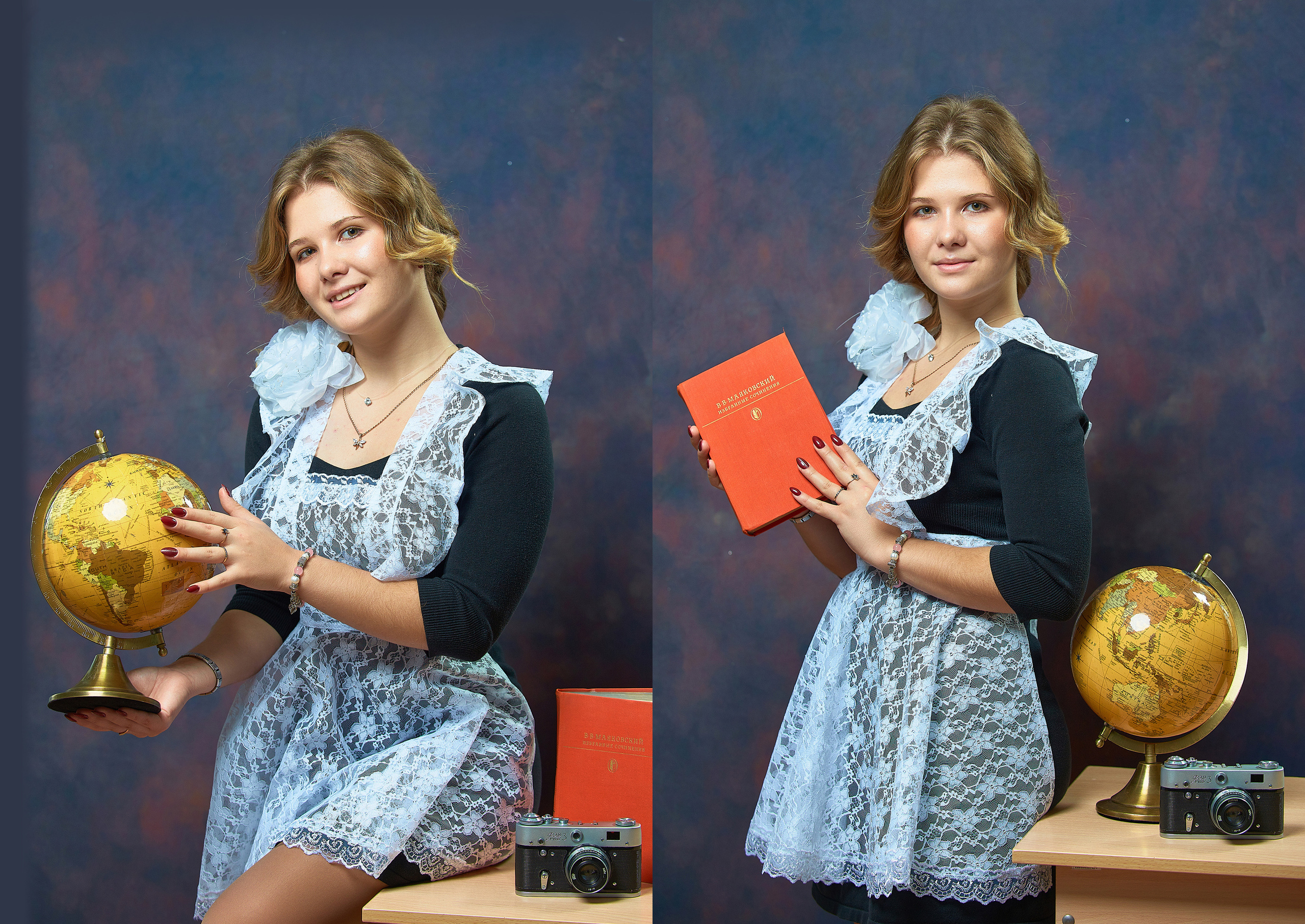 Портретный разворот фотокниги для выпускника старших классов для девочки на студийном фоне батик, девочка держит в руках книгу и глобус.