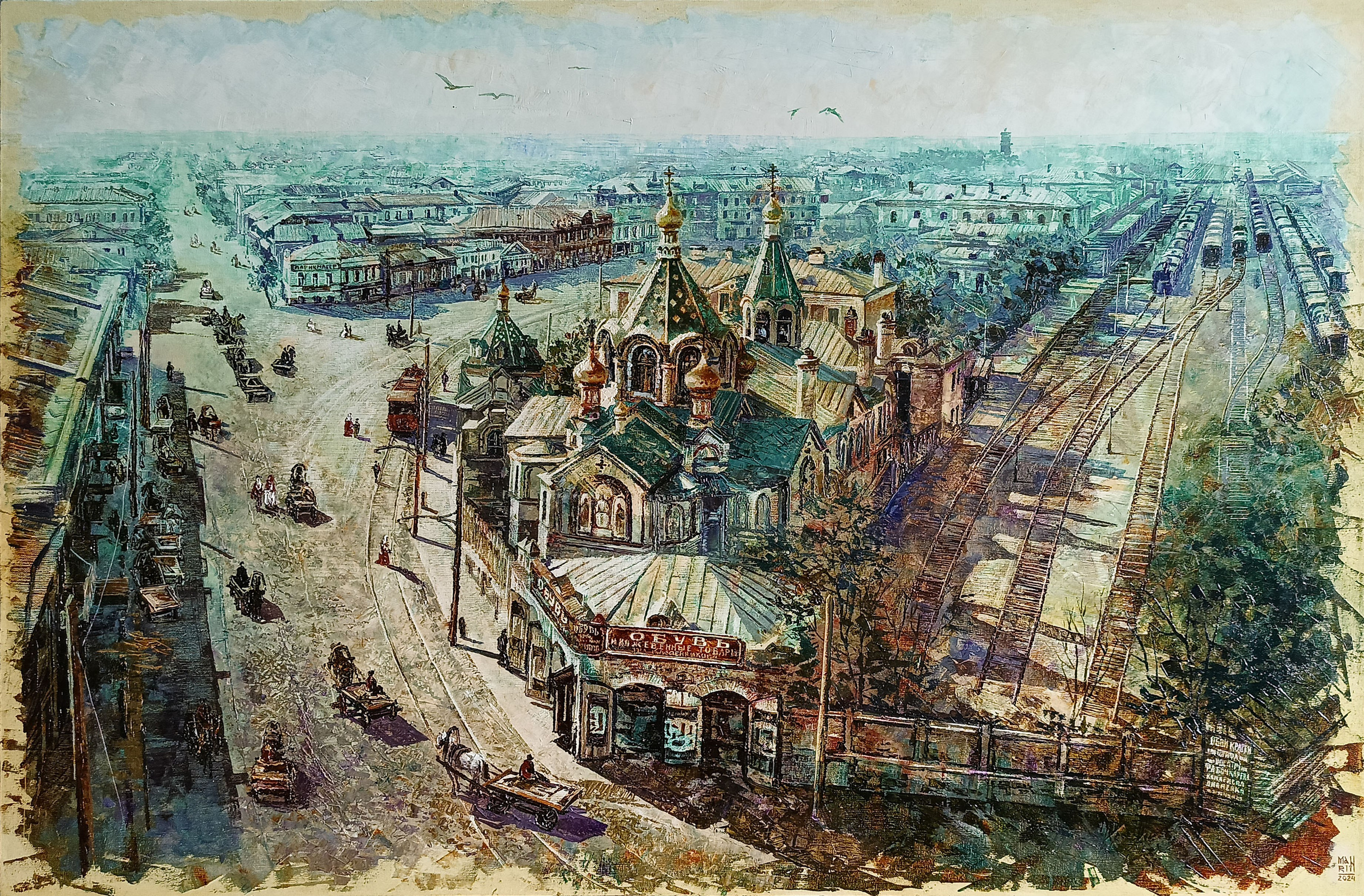 Нижний Новгород, старый Нижний,картины с Нижнем Новгородом, художник Марина Новосельская, ретро, картина в подарок, нижегородские художники, достопримечательности Нижнего Новгорода, московский вокзал, подворье Городецкого Феодоровского монастыря, поезда, железнодорожный вокзал, церкви Нижнего Новгорода