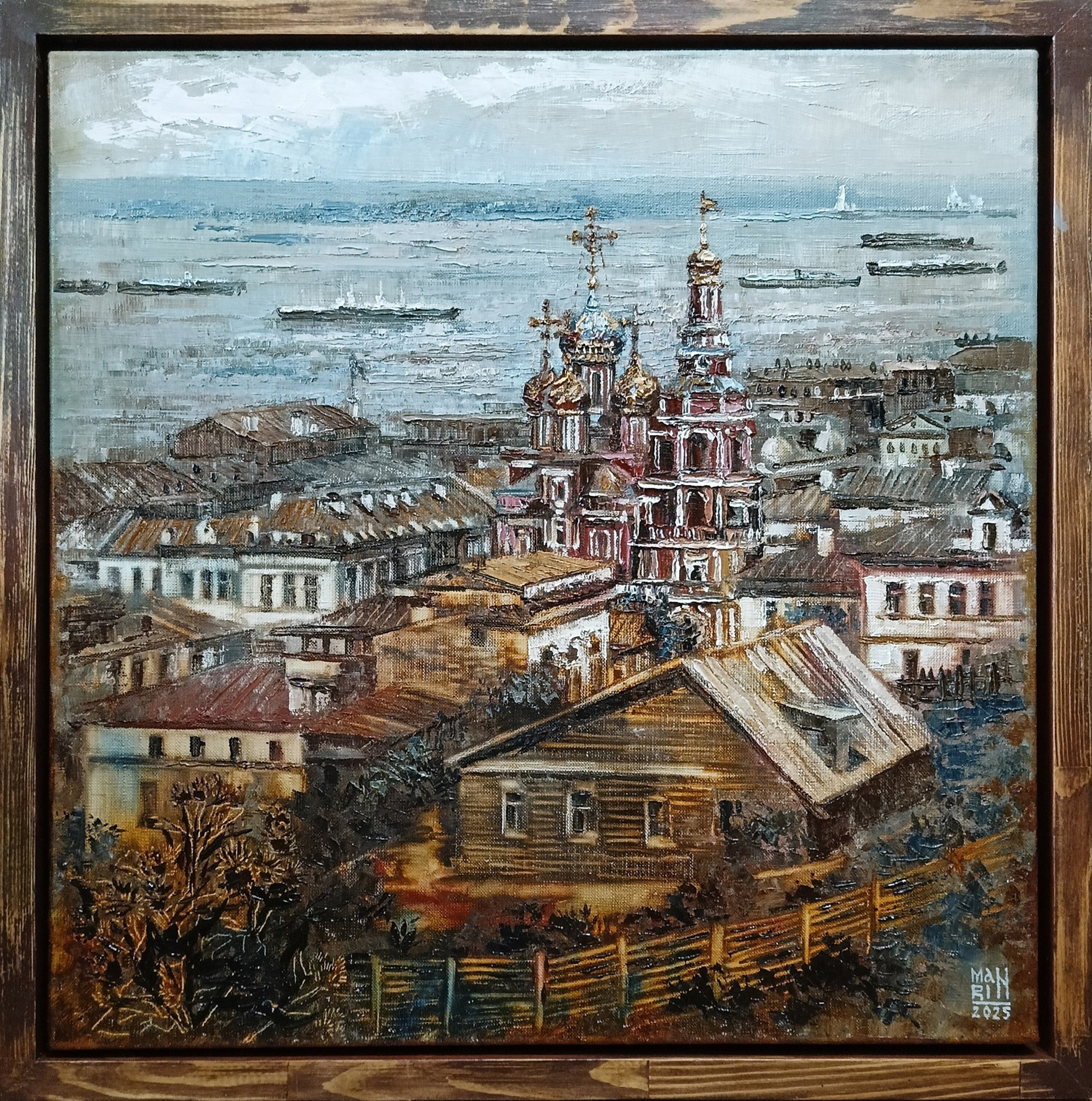 картины, интерьерные картины, картины маслом, масло, природа, живопись, Нижний Новгород, Старый Нижний, город, картина с Нижнем Новгородом, корабль, теплоход, пароход, панорама, виды Нижнего, старина, ретро стиль, нижегородские виды
