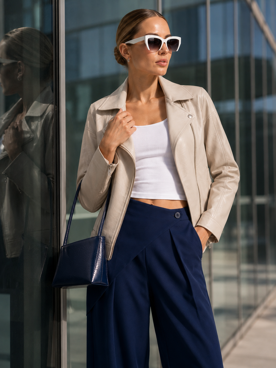 Портрет светловолосой женщины в молочной косухе и белом топе у стеклянного фасада; на ней крупные белые солнечные очки, в руке ремешок тёмно-синей сумки, видна верхняя часть синих брюк.