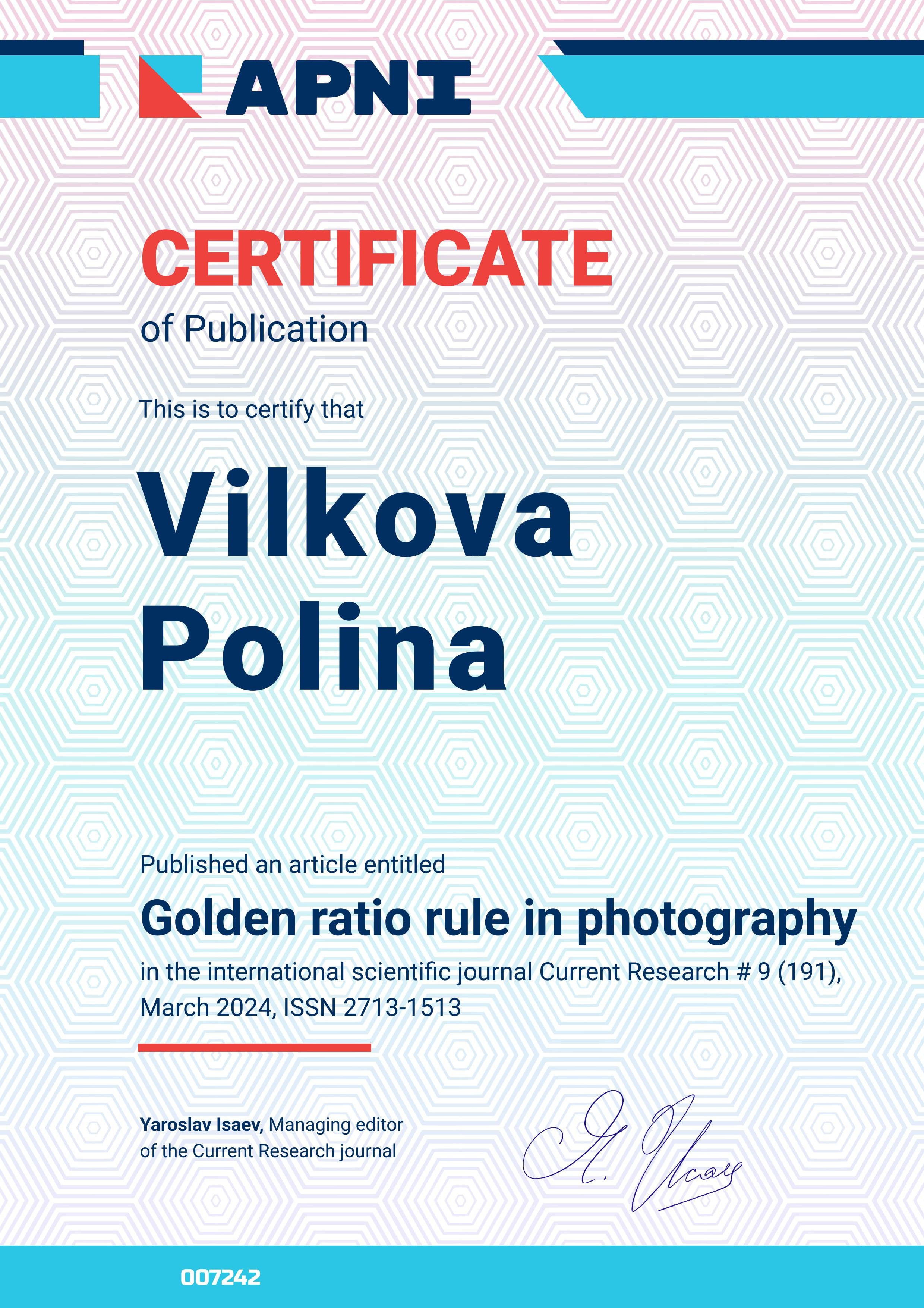 Awards & Publications. Polina Vilkova