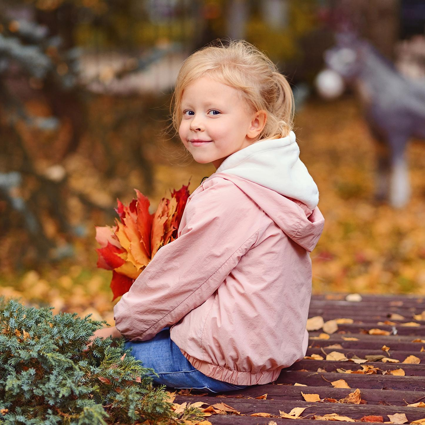 Девочка с осенним букетом на прогулке в детском саду сидит на мостике.