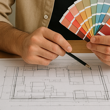 Изображение дизайнера интерьеров в своем кабинете