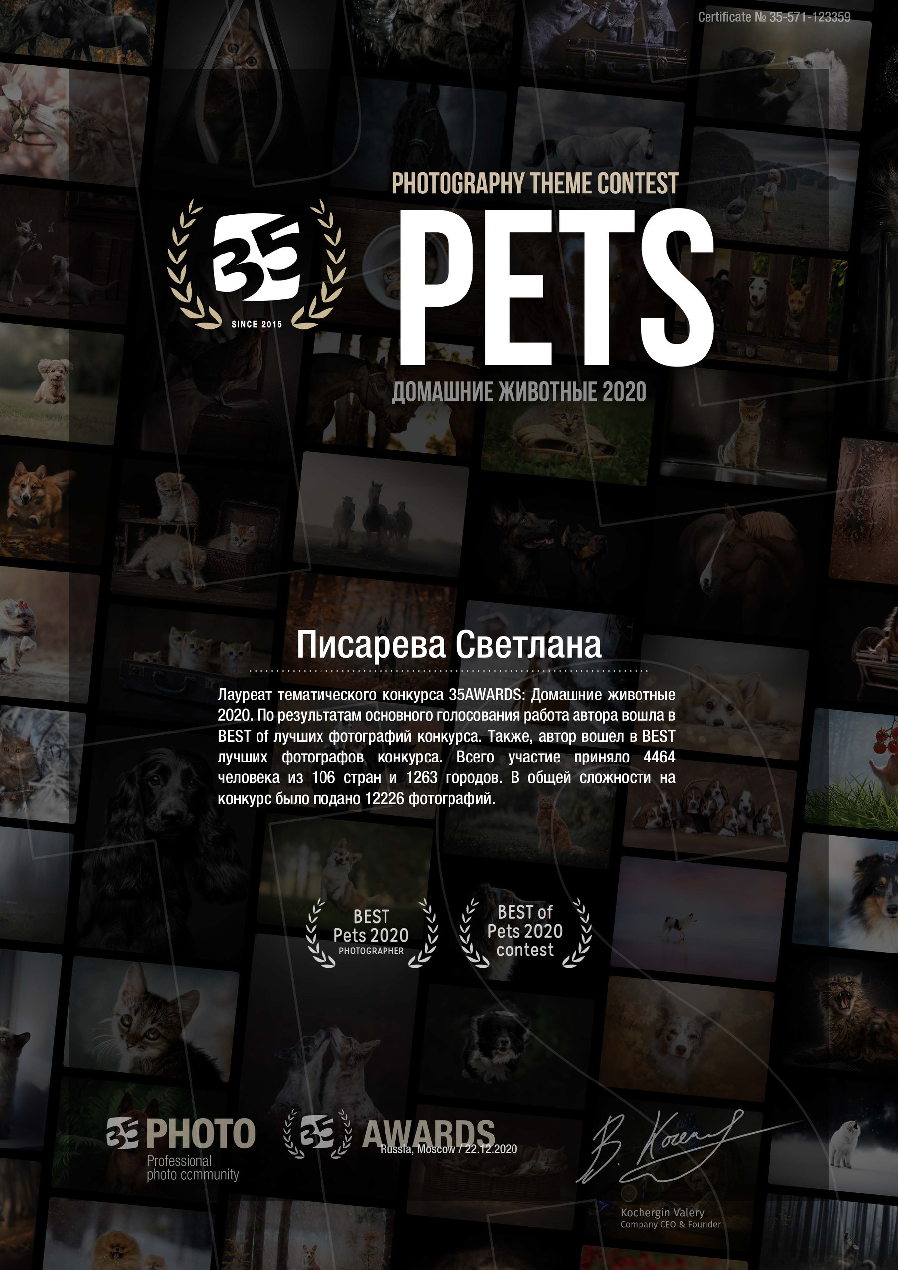 Лауреат конкурса «Домашние животные» 35 AWARDS». Фотограф анималист в Санкт-Петербурге Светлана Писарева